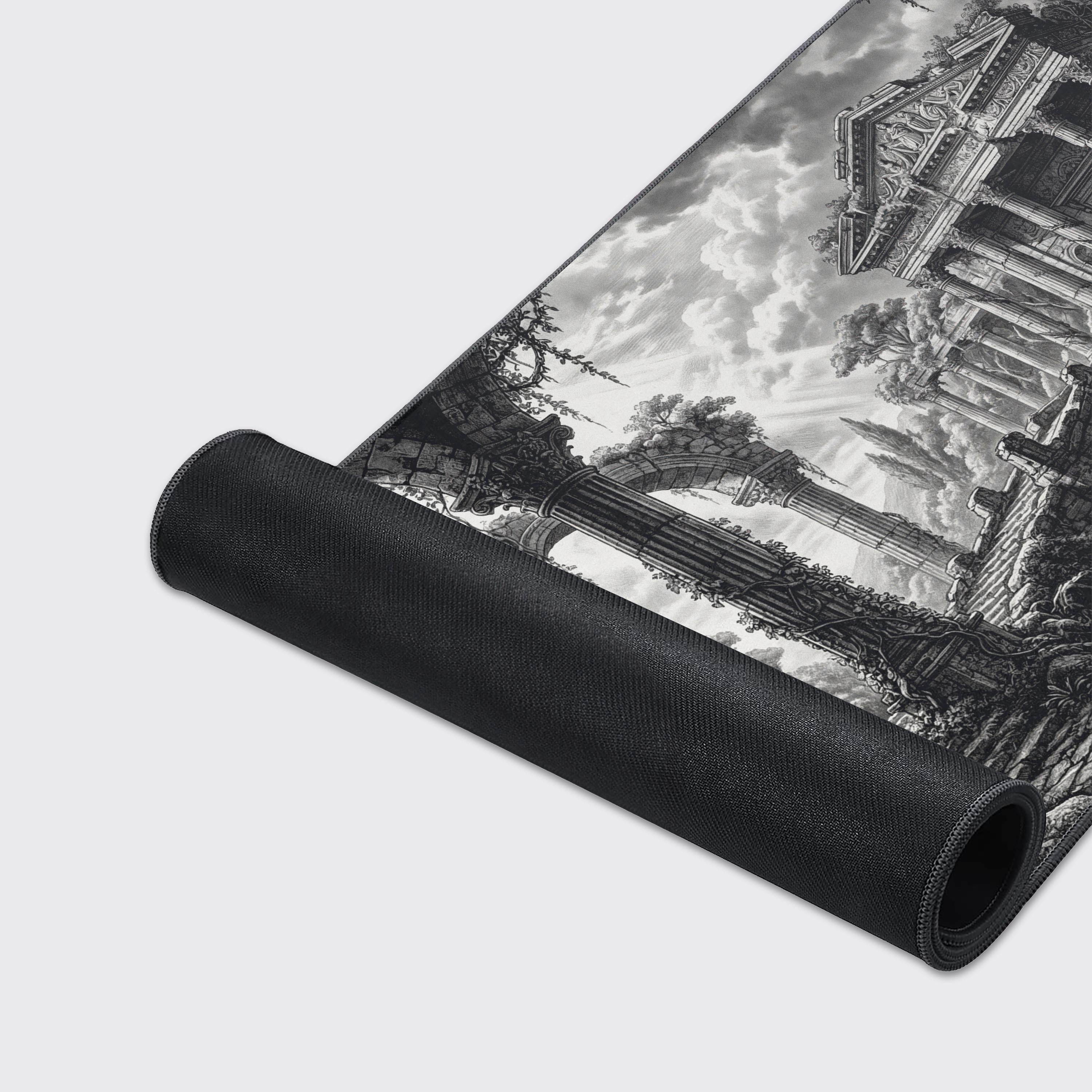 A close-up of the Timeless Ruins Gaming Desk Mat highlighting the fine art detail, smooth fabric texture, and durable stitched edges. - Epic Design Pads & Mousepads