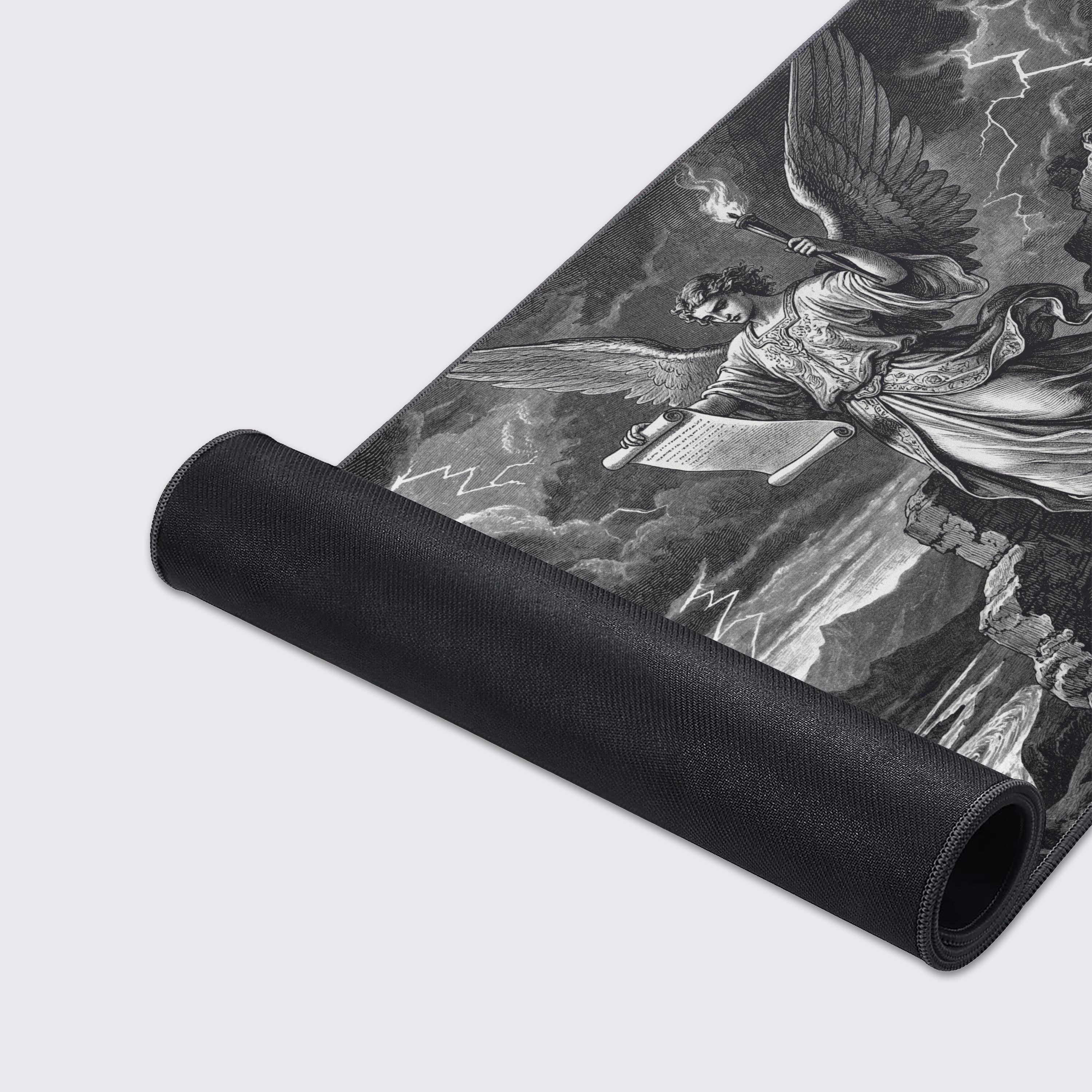 A close-up of the Storm Revelation gaming desk mat's premium textured surface and durable stitched edges, showcasing the intricate vintage angel illustration. - Epic Design Pads & Mousepads
