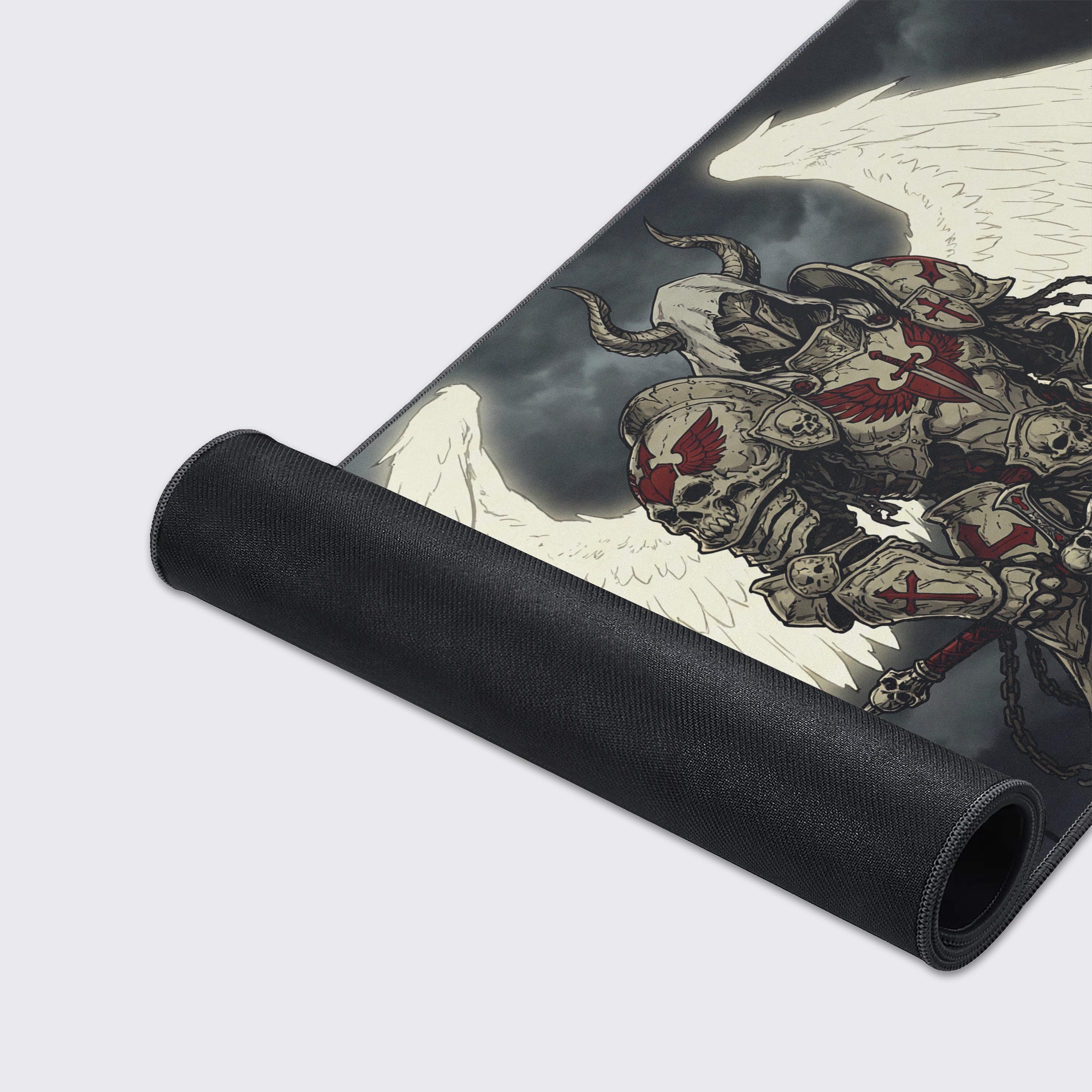Close-up shot of the Grim Crusader gaming desk mat showcasing the high-quality fabric texture, stitched edges, and detailed warrior artwork. - Epic Design Pads & Mousepads