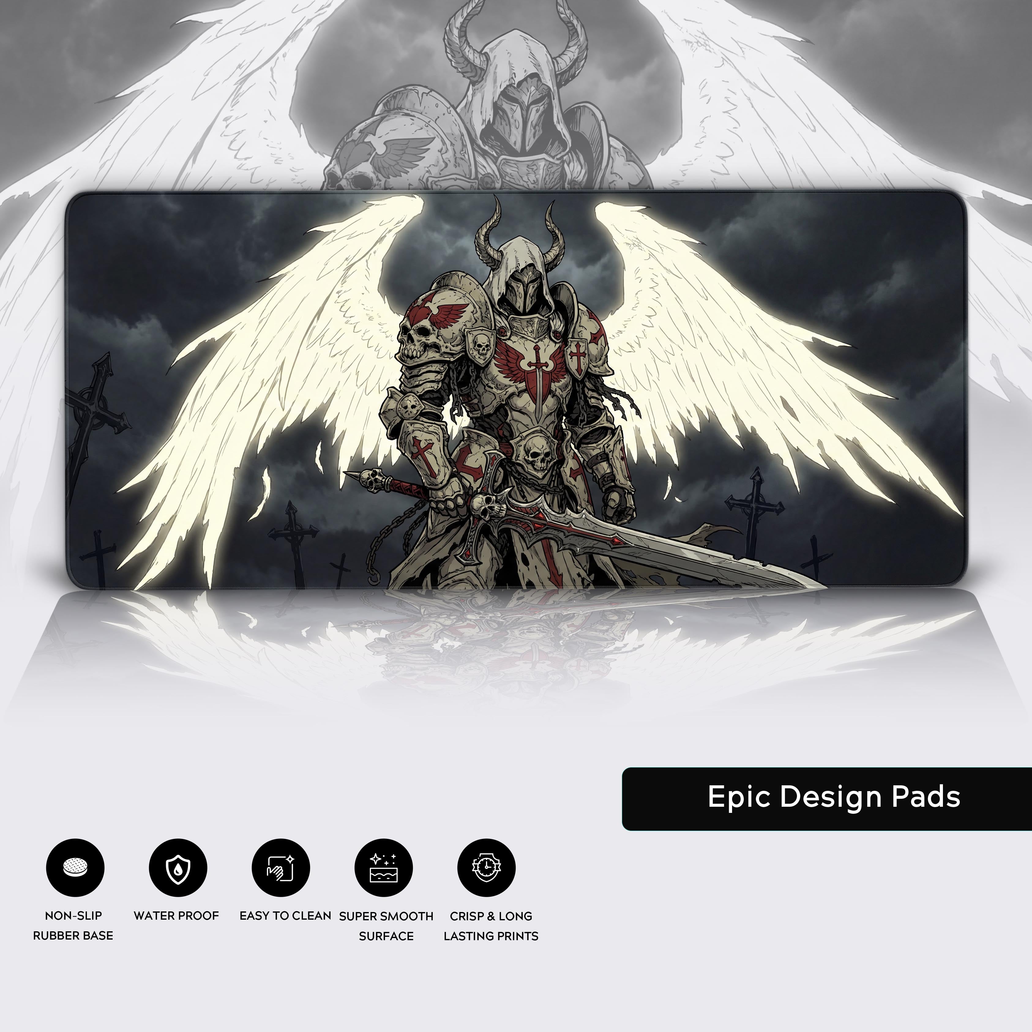 クルセイダーズクエスト マウスパッド Grim Crusader Knight – Dark Fantasy Gaming Desk Mat, XL Winged