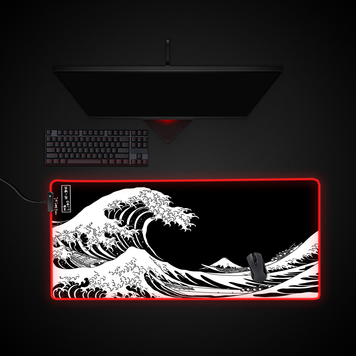 The Great Wave - Black desk mat with RGB edge lighting