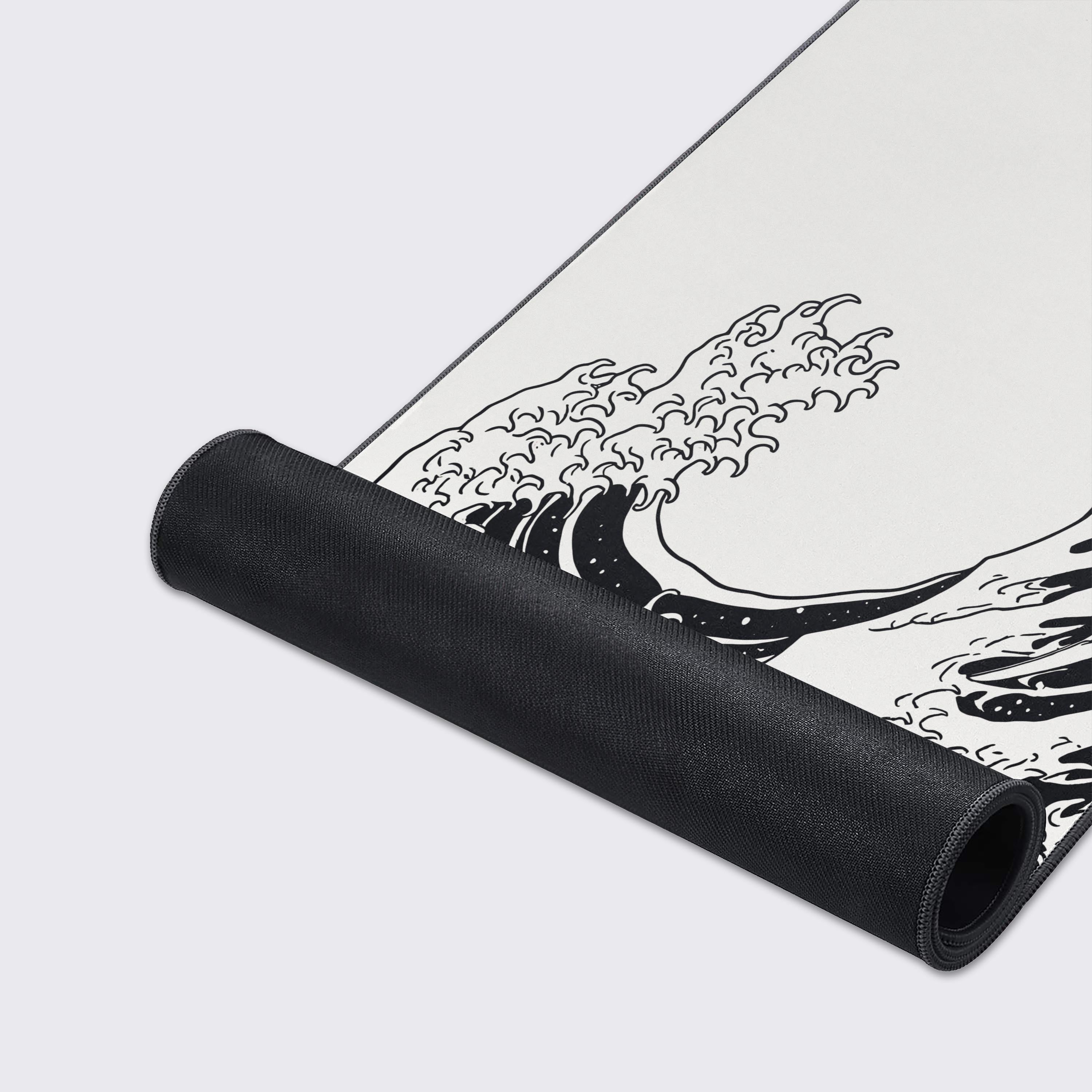 Close-up of the premium stitched edges and smooth fabric texture on The Great Wave XL mouse pad, showcasing the detailed black line art of the iconic design. - Epic Design Pads & Mousepads
