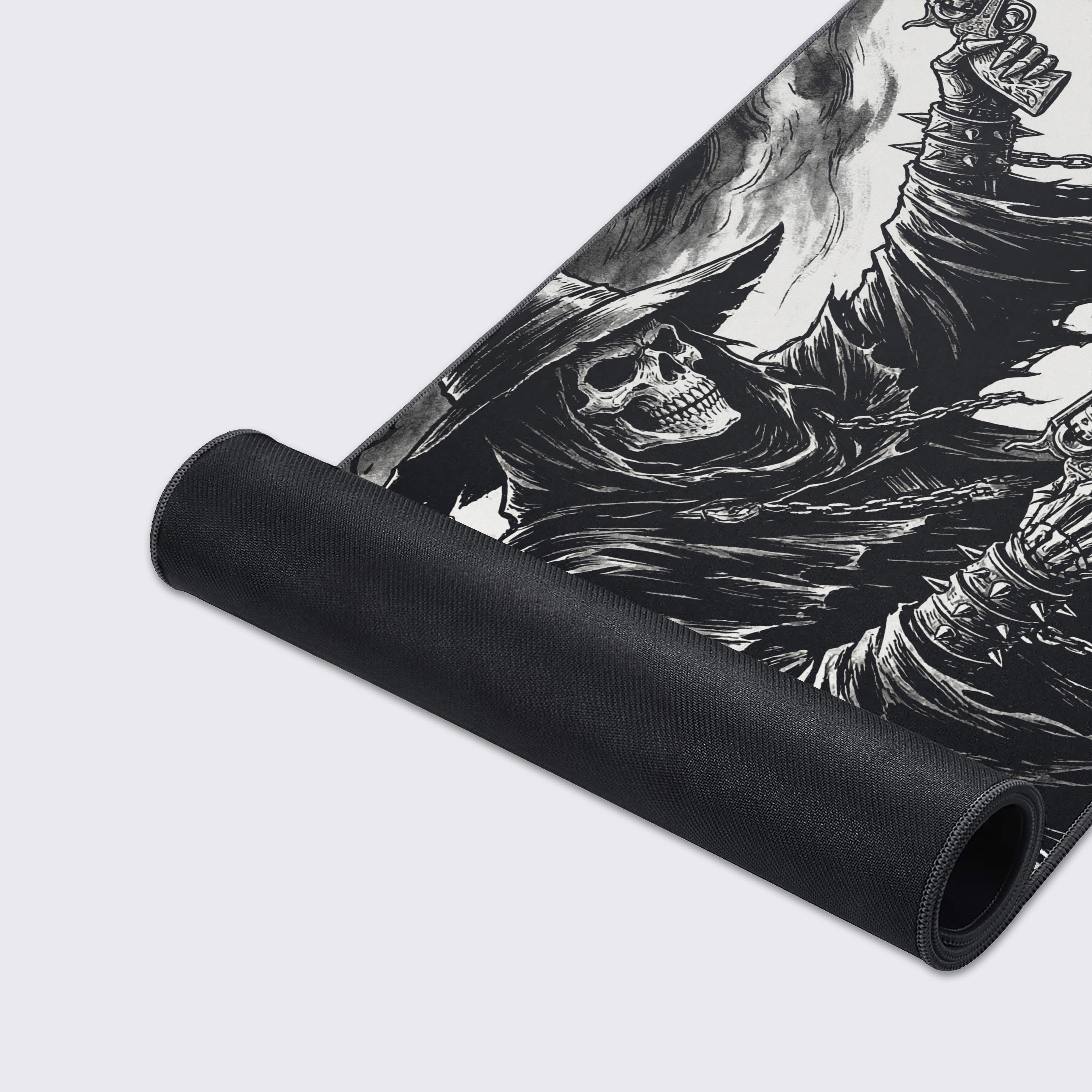 A close-up of the Gothic Gunslinger mouse pad, highlighting the durable stitched edges and smooth fabric texture of the skeletal gunslinger artwork. - Epic Design Pads & Mousepads