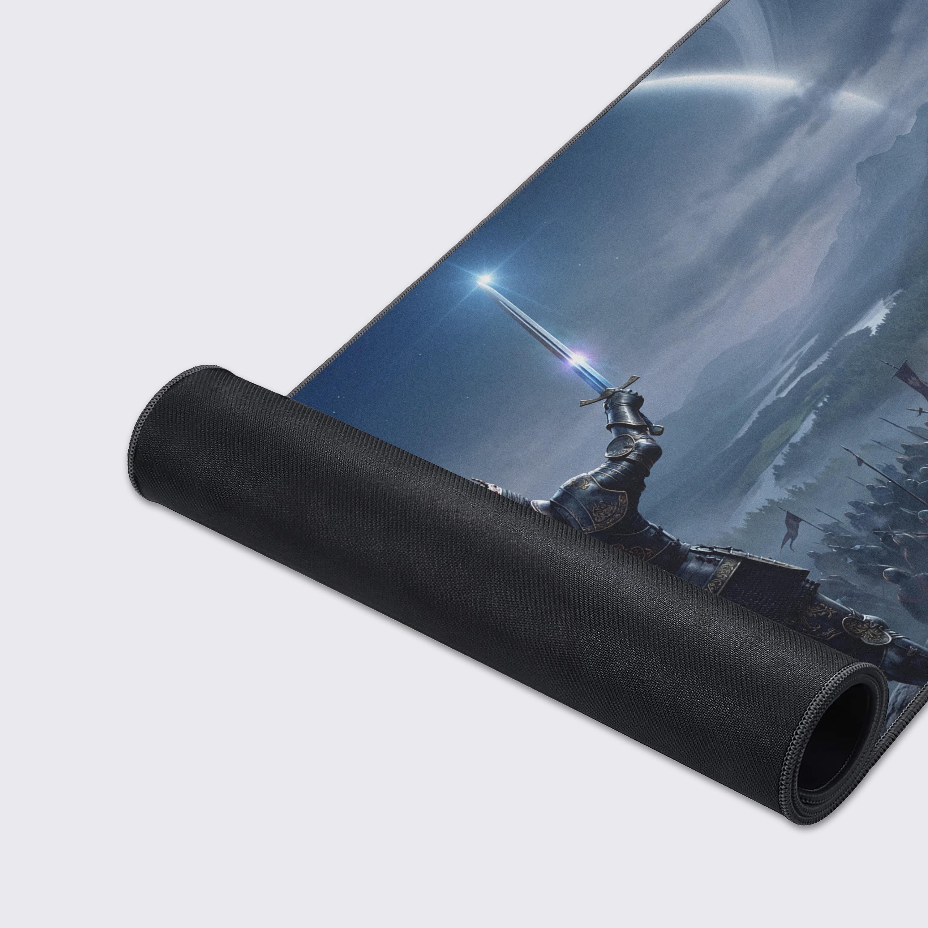 A close-up of the King's Vanguard gaming desk mat, highlighting the high-quality fabric texture, stitched edges, and the detailed artwork of the knight. - Epic Design Pads & Mousepads