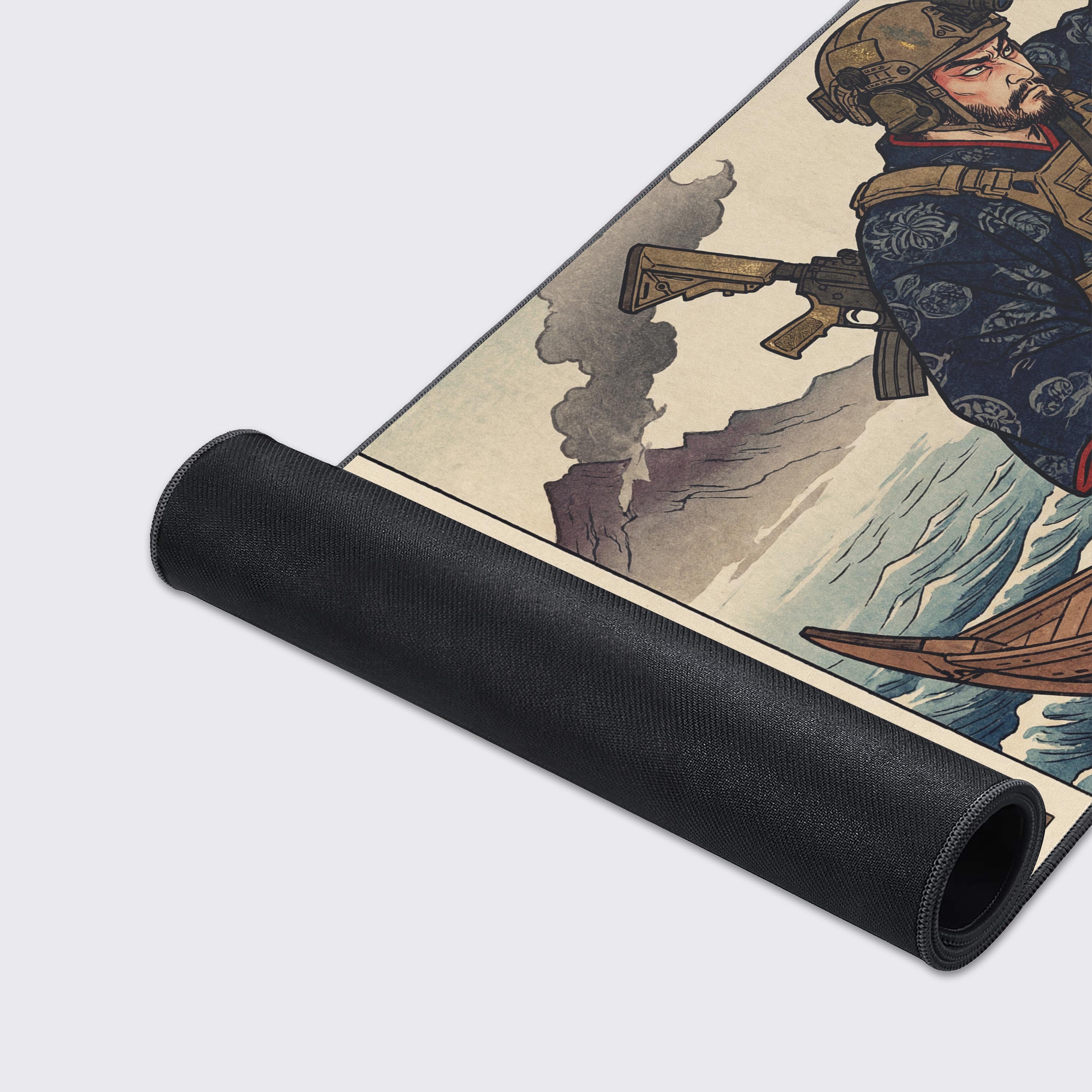 A close-up of the Tactical Ascent gaming desk mat, highlighting the high-quality fabric texture and durable stitched edges of the Japanese warrior artwork. - Epic Design Pads & Mousepads