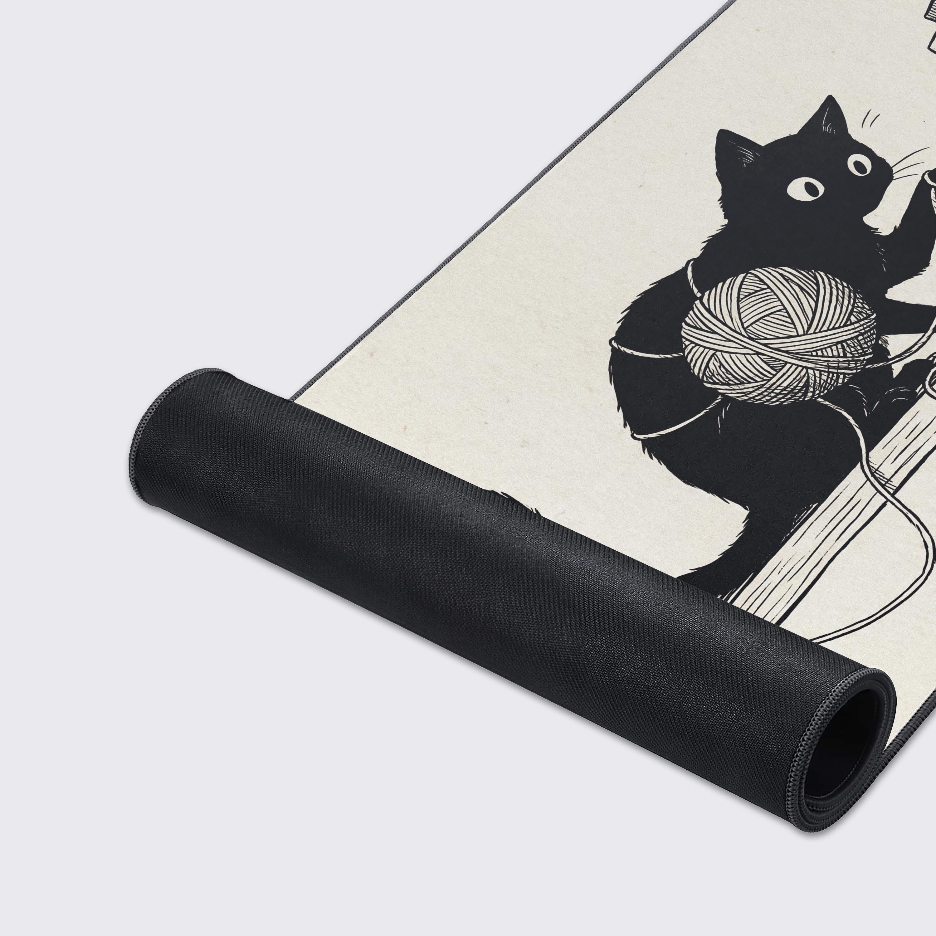 Close-up of the Tangled Whimsy gaming desk mat, showcasing the detailed cat illustration, smooth fabric texture, and quality stitched edges. - Epic Design Pads & Mousepads