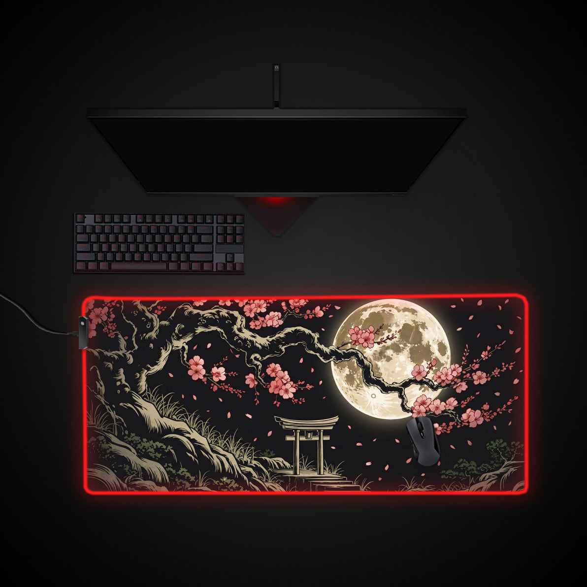 Moonlit Cherry Blossoms desk mat with RGB edge lighting