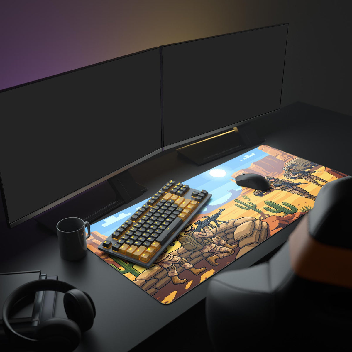 Outpost Zero desk mat in a dark gaming setup with a mechanical keyboard, a mouse and headphones