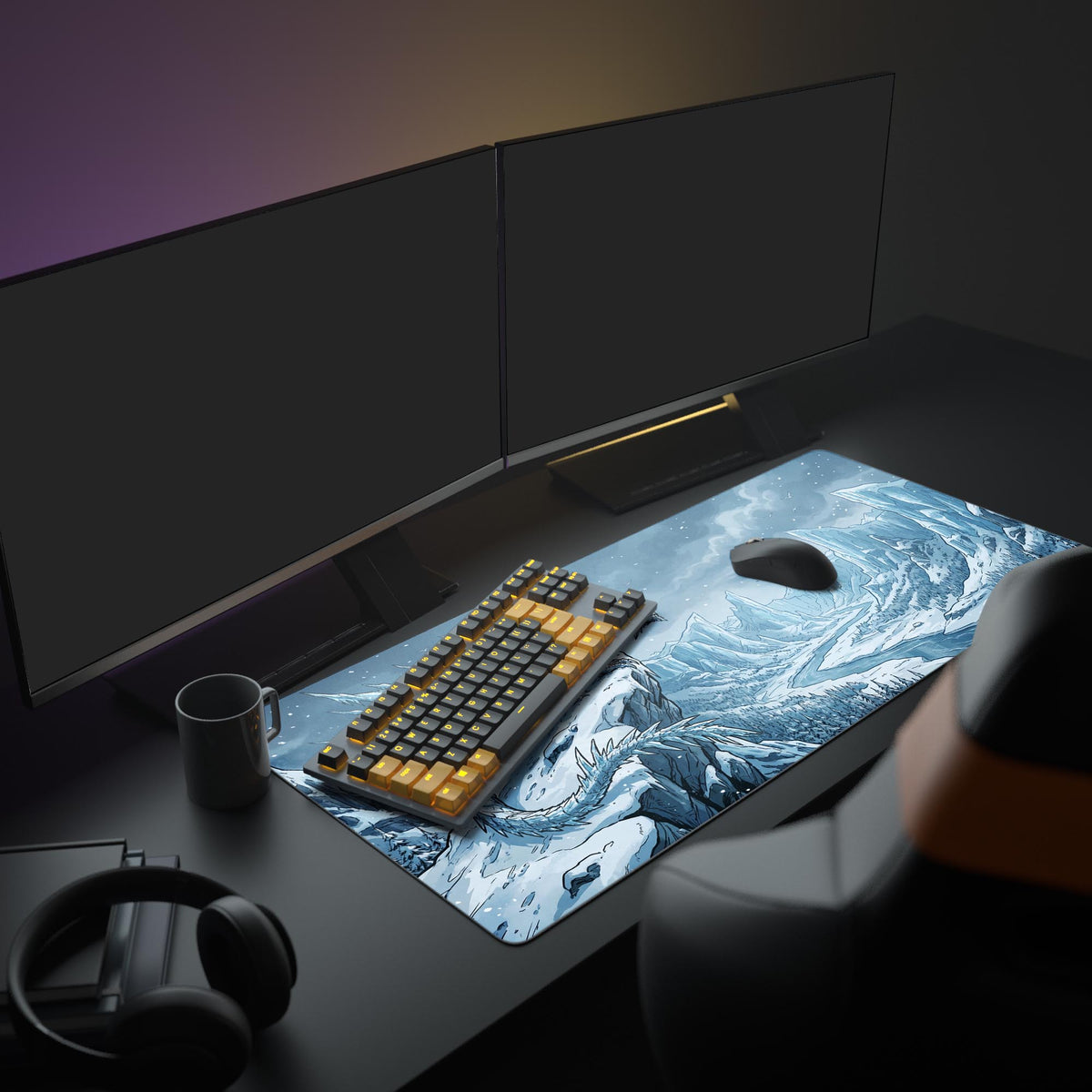 Glacial Guardian desk mat in a dark gaming setup with a mechanical keyboard, a mouse and headphones