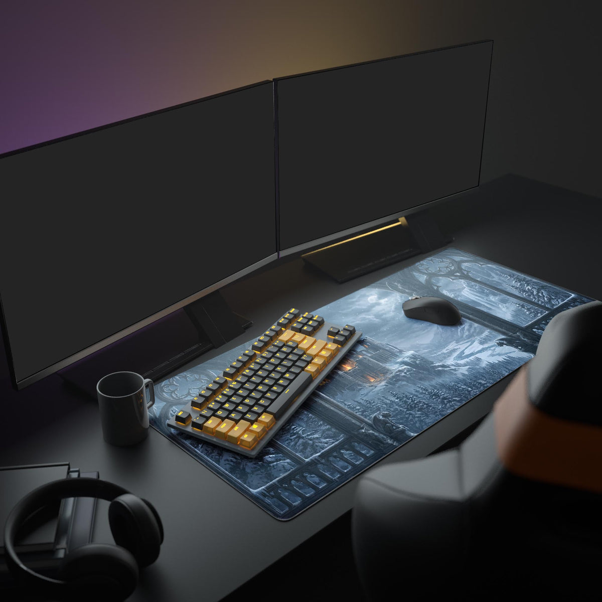 Obsidian Fortress desk mat in a dark gaming setup with a mechanical keyboard, a mouse and headphones