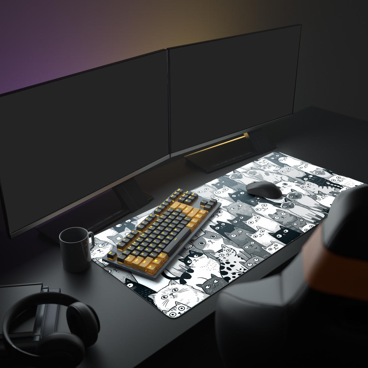 Feline Collective desk mat in a dark gaming setup with a mechanical keyboard, a mouse and headphones