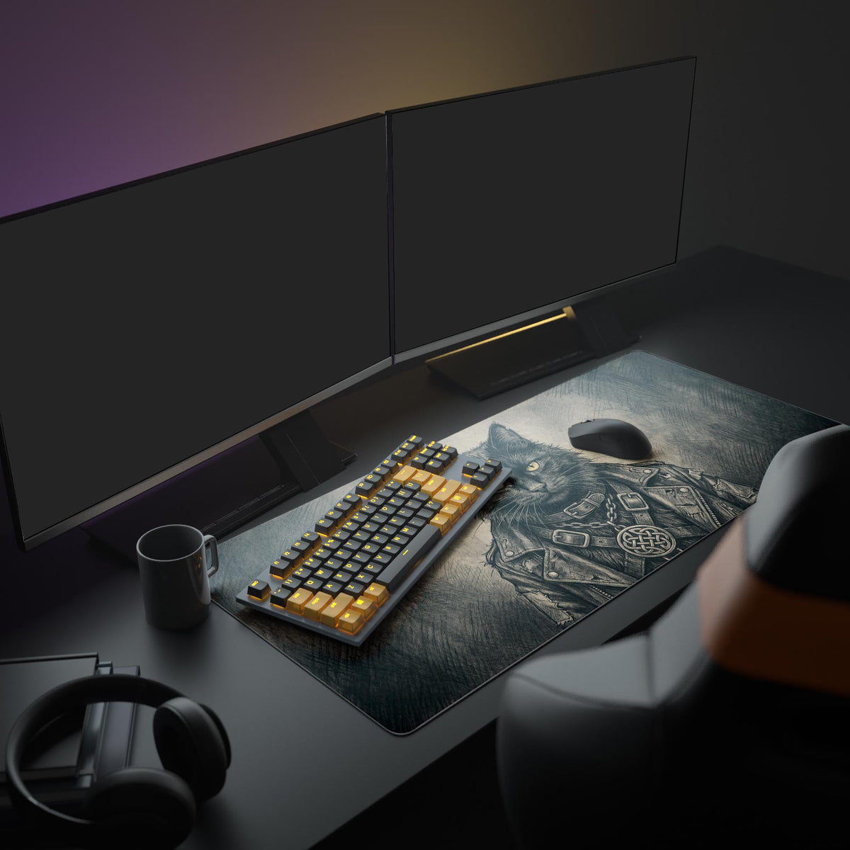 Shadow Rebel desk mat in a dark gaming setup with a mechanical keyboard, a mouse and headphones