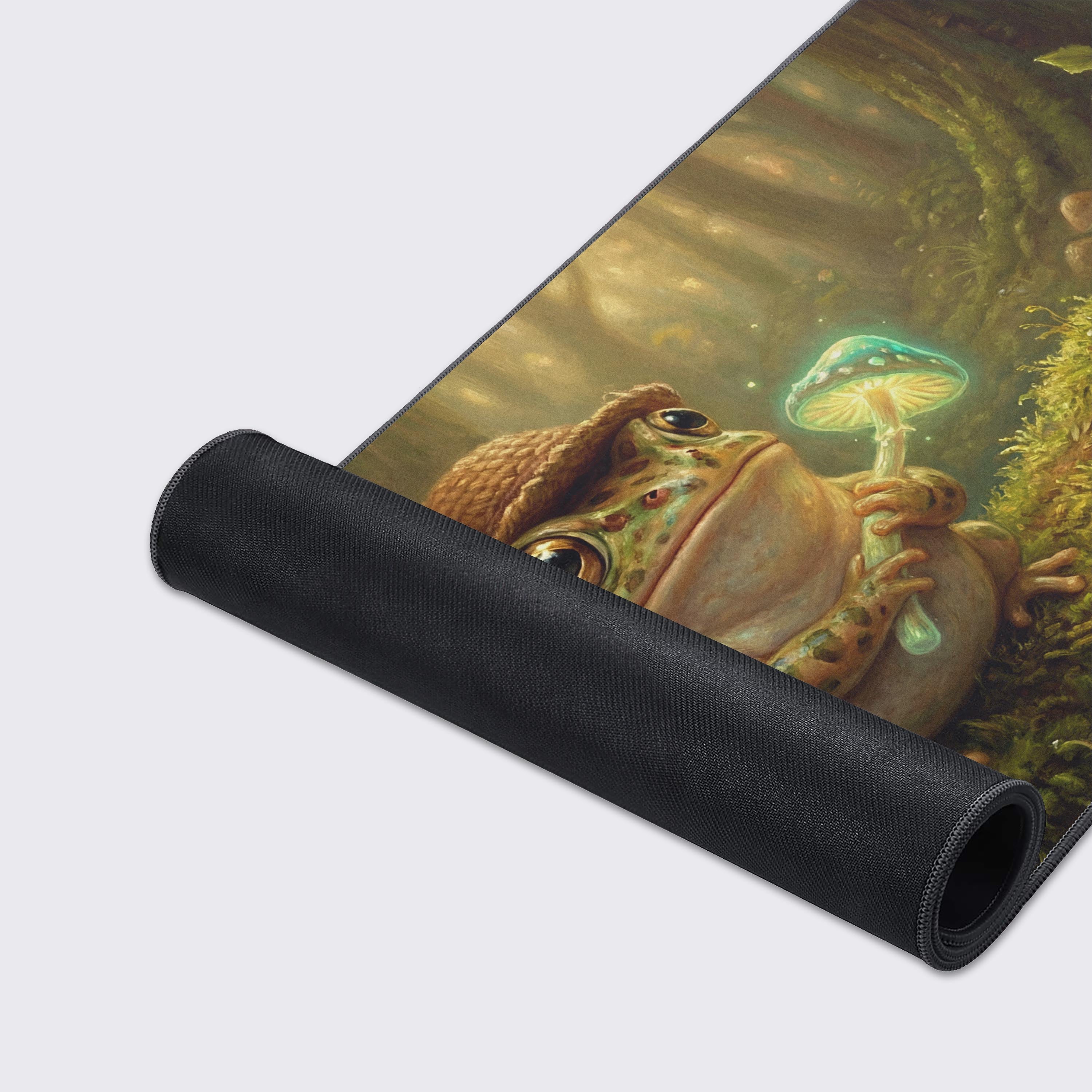 Close-up of the Luminous Warden mouse pad's high-quality texture and stitched edges, showcasing the detailed frog and glowing mushroom artwork. - Epic Design Pads & Mousepads