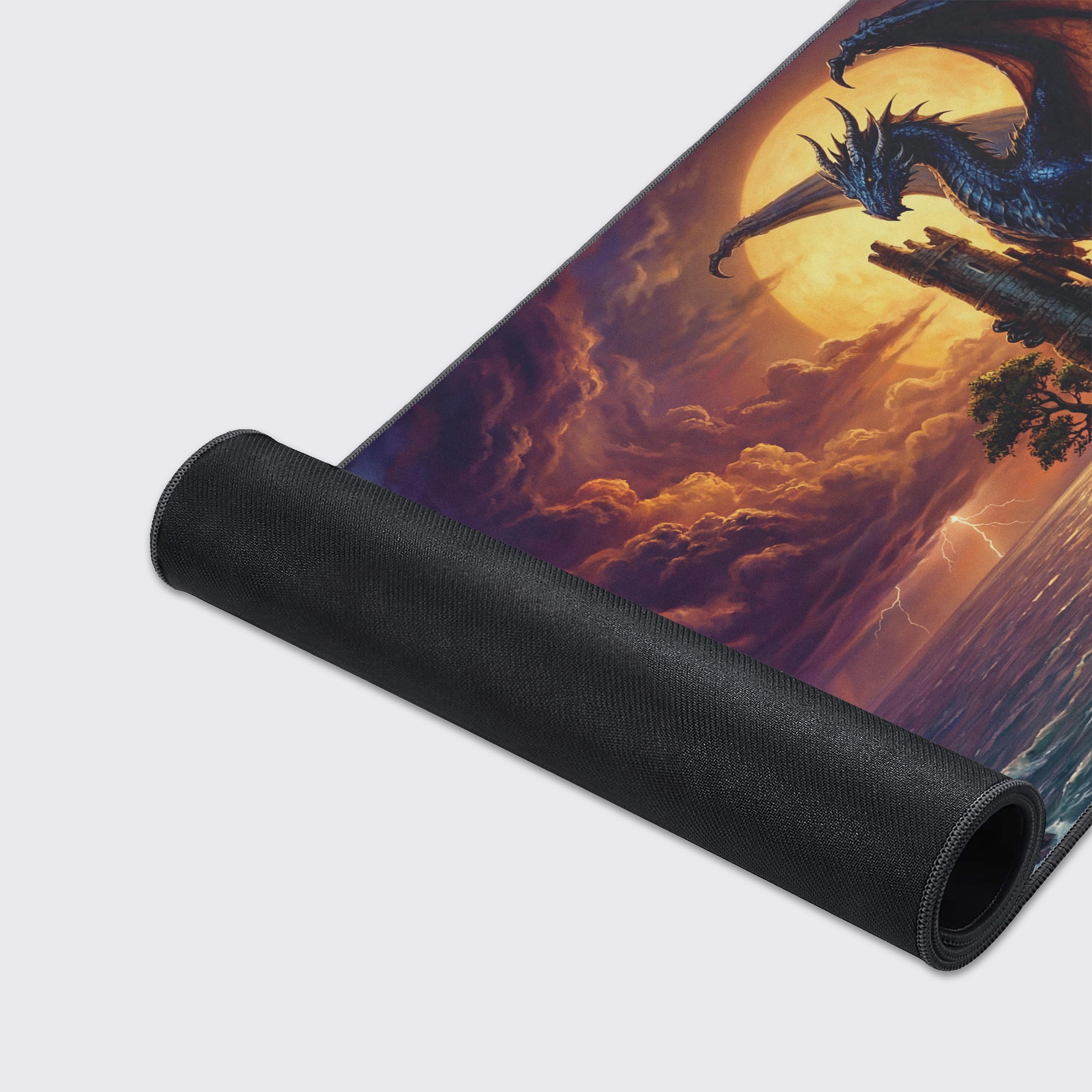 A close-up of the 'Ancient Overlord' gaming desk mat, highlighting the high-detail dragon artwork and durable stitched edges for a premium feel. - Epic Design Pads & Mousepads