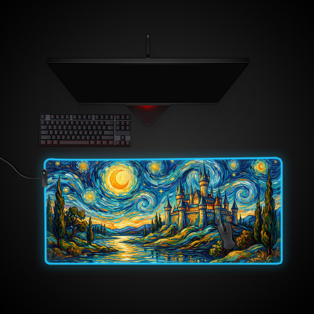Starry Castle Night desk mat with RGB edge lighting