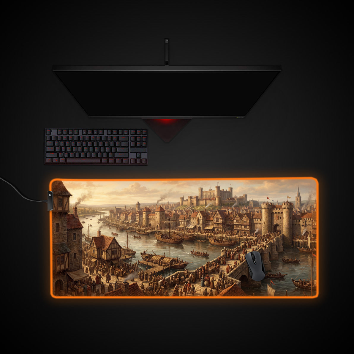 Medieval Trade Hub desk mat with RGB edge lighting
