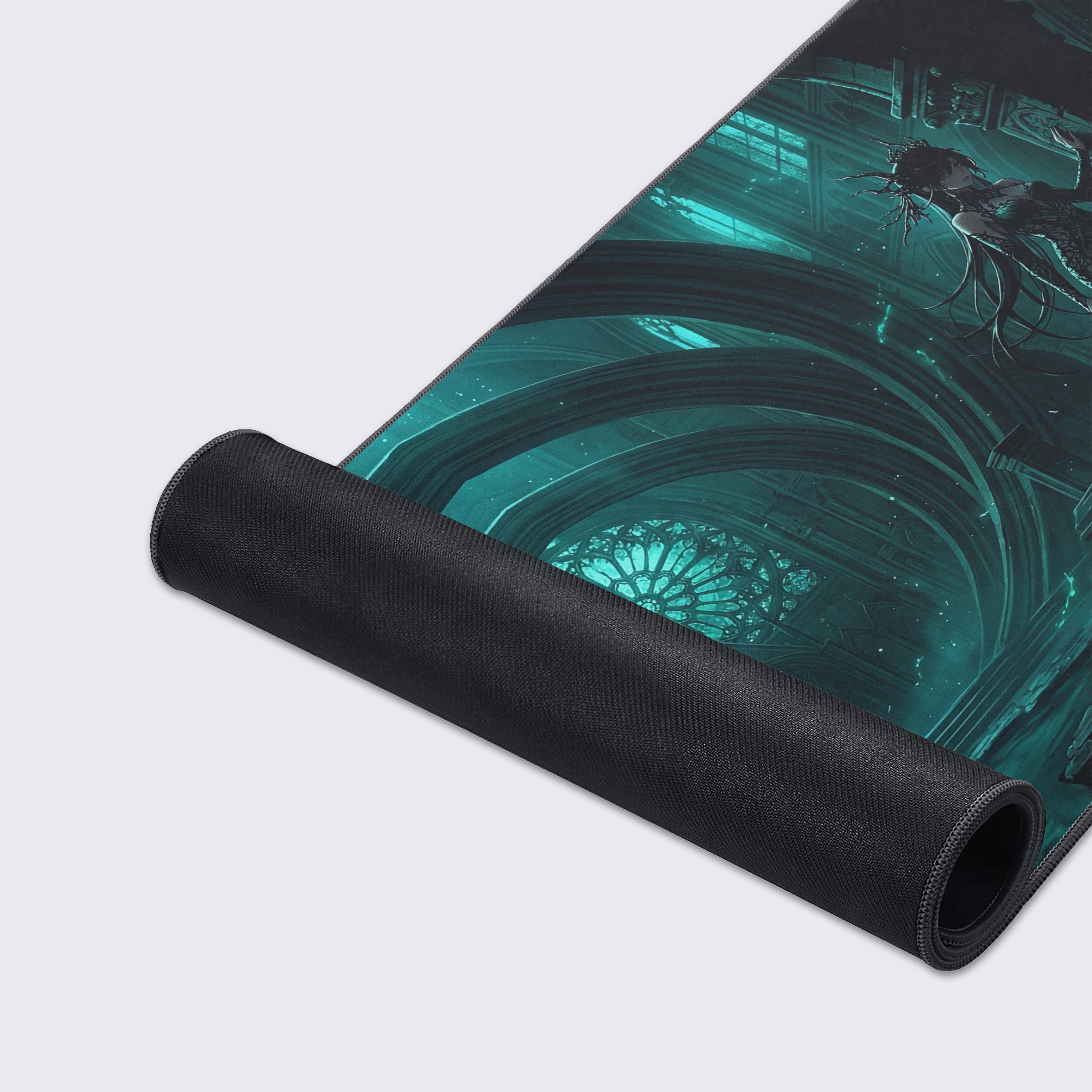 A close-up of the Forgotten Reign gaming desk mat's durable stitched edges and smooth fabric texture, highlighting the detailed gothic anime artwork. - Epic Design Pads & Mousepads