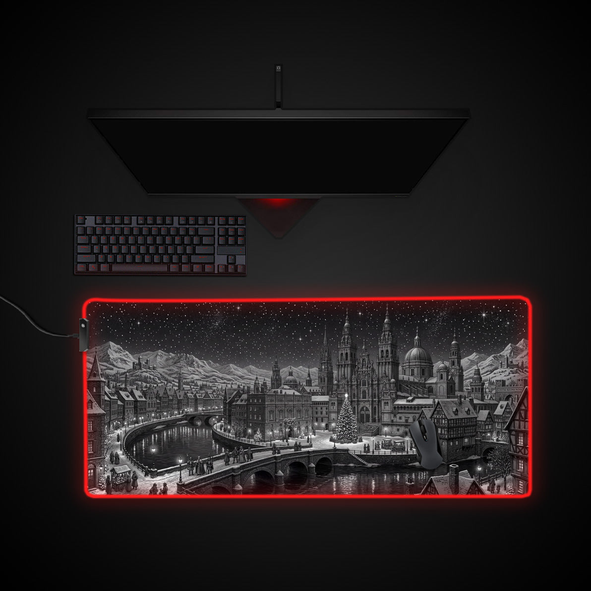 Winter Spire desk mat with RGB edge lighting