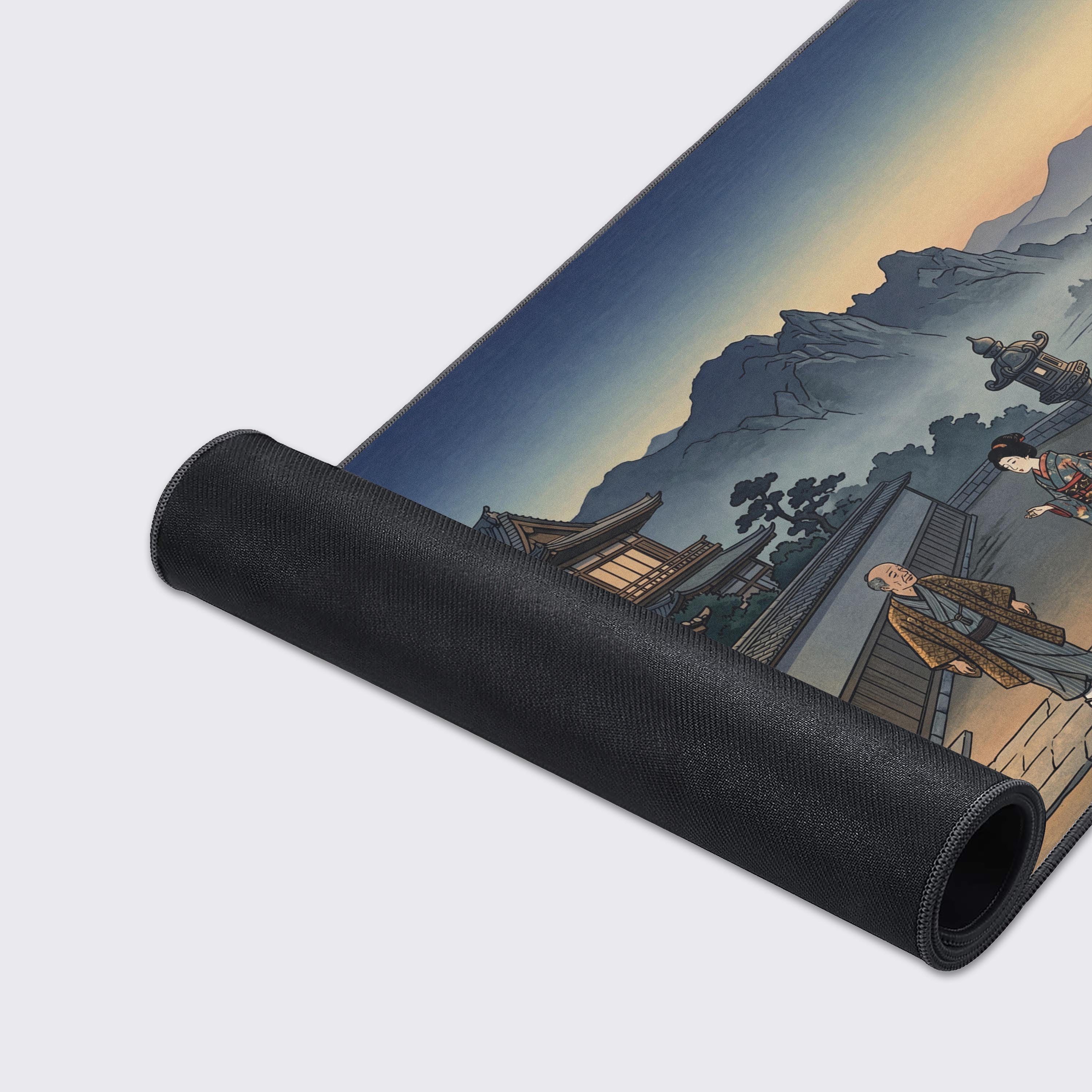 A close-up of the Edo Morning gaming desk mat, highlighting its detailed Japanese art print, smooth fabric texture, and durable stitched edges. - Epic Design Pads & Mousepads