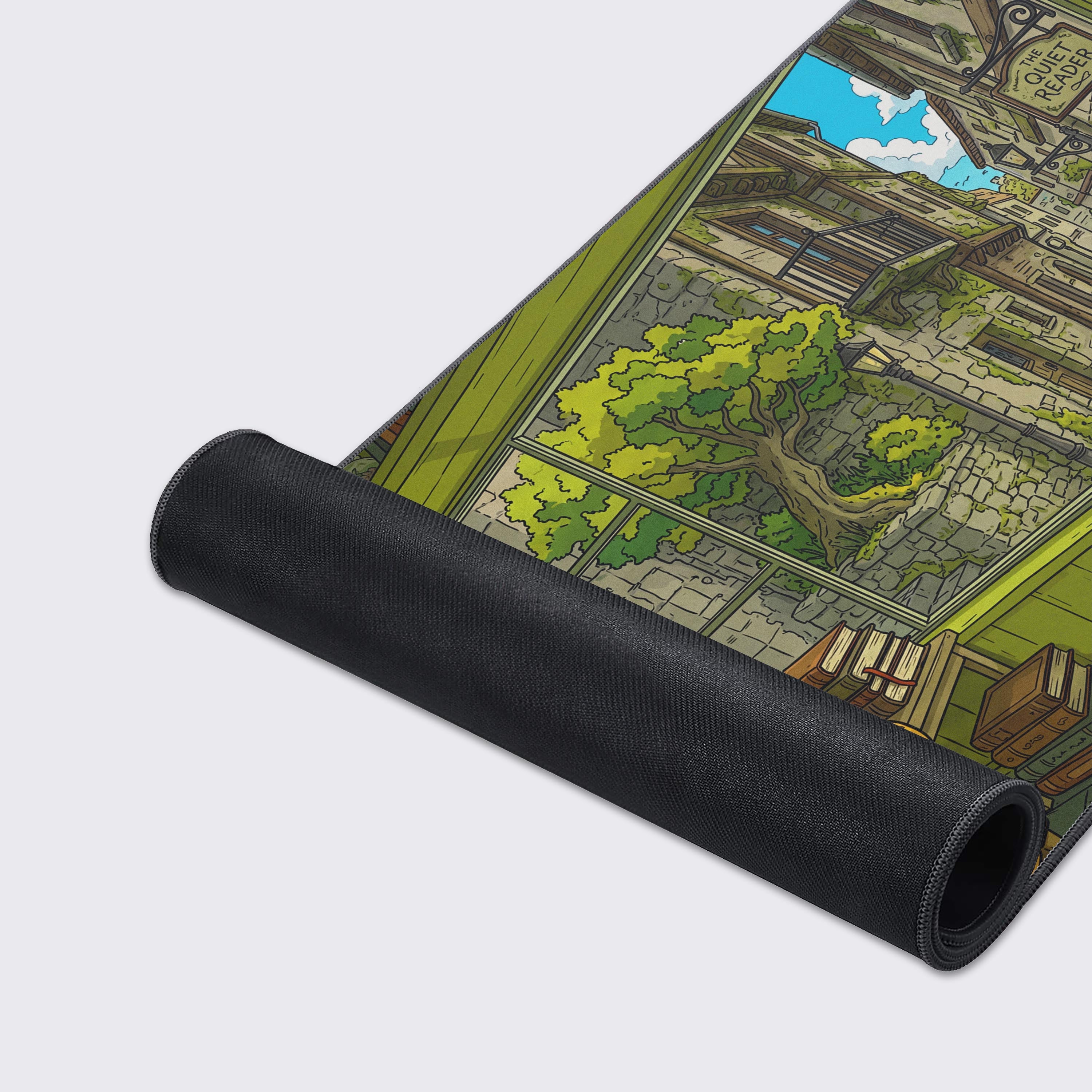 Close-up shot of the smooth fabric and stitched edges on The Quiet Reader gaming desk mat, showcasing the detailed illustration of a cat sleeping in a chair. - Epic Design Pads & Mousepads