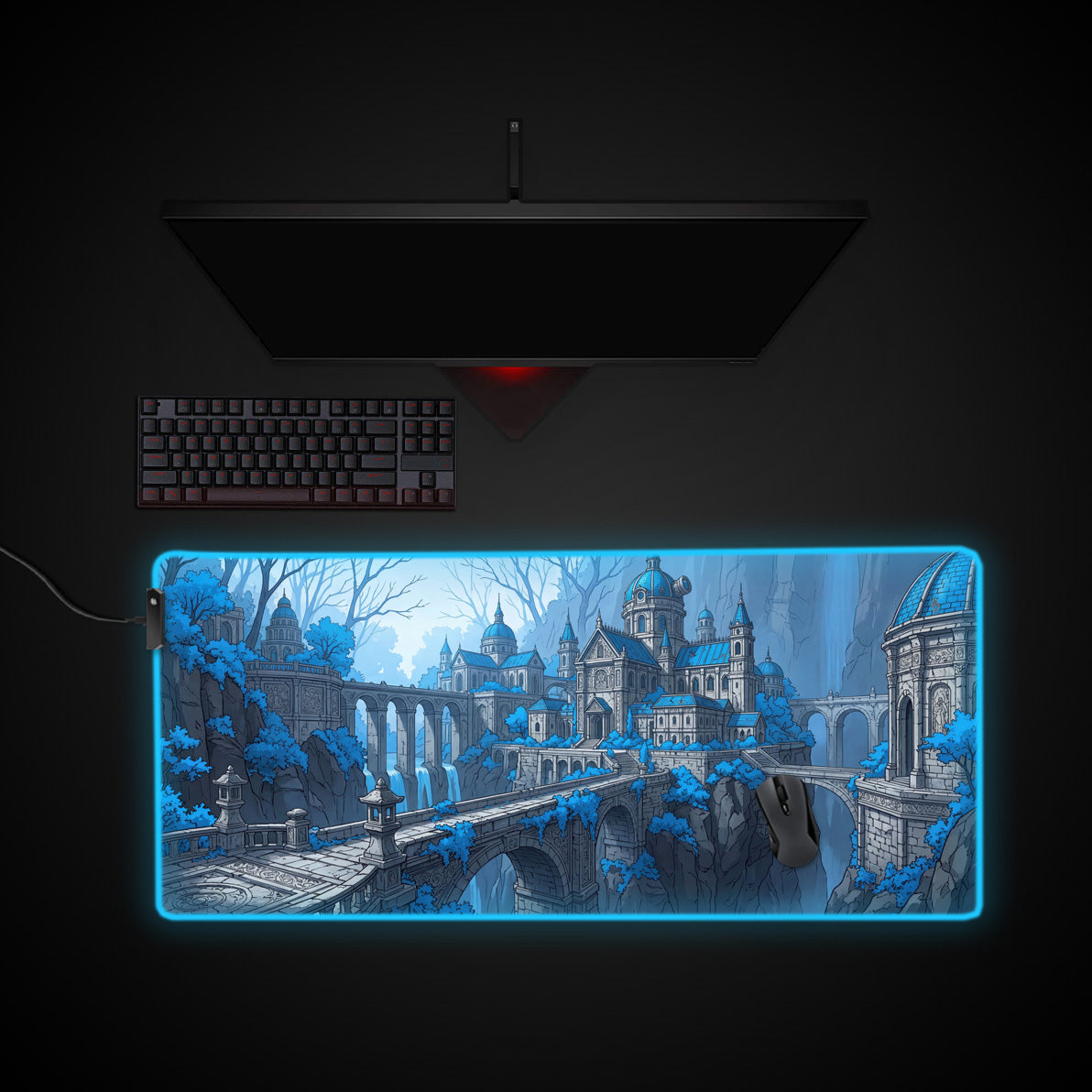 Azure Spire desk mat with RGB edge lighting
