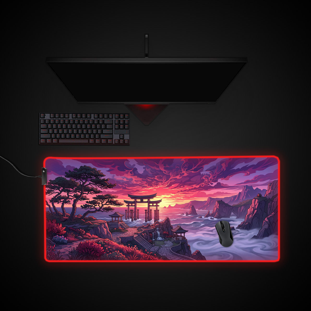 Ethereal Torii desk mat with RGB edge lighting