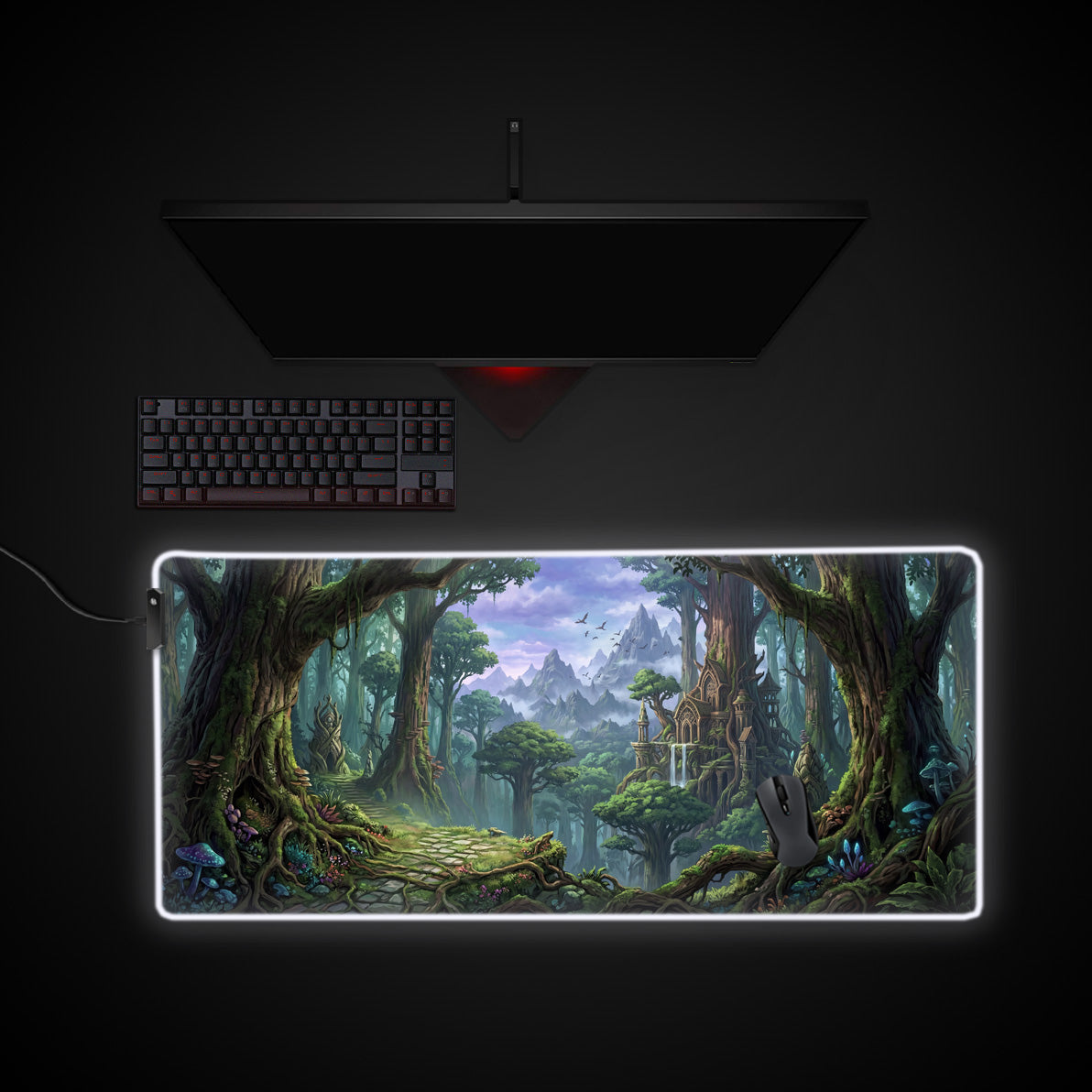 Mystic Woodlands desk mat with RGB edge lighting