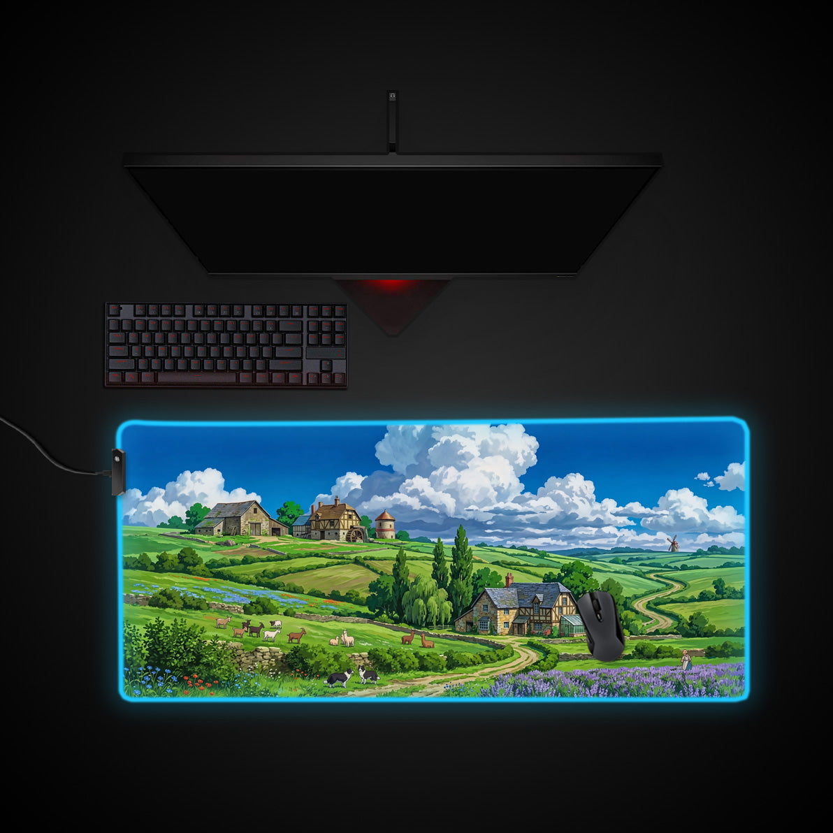 Quiet Meadow Farm desk mat with RGB edge lighting