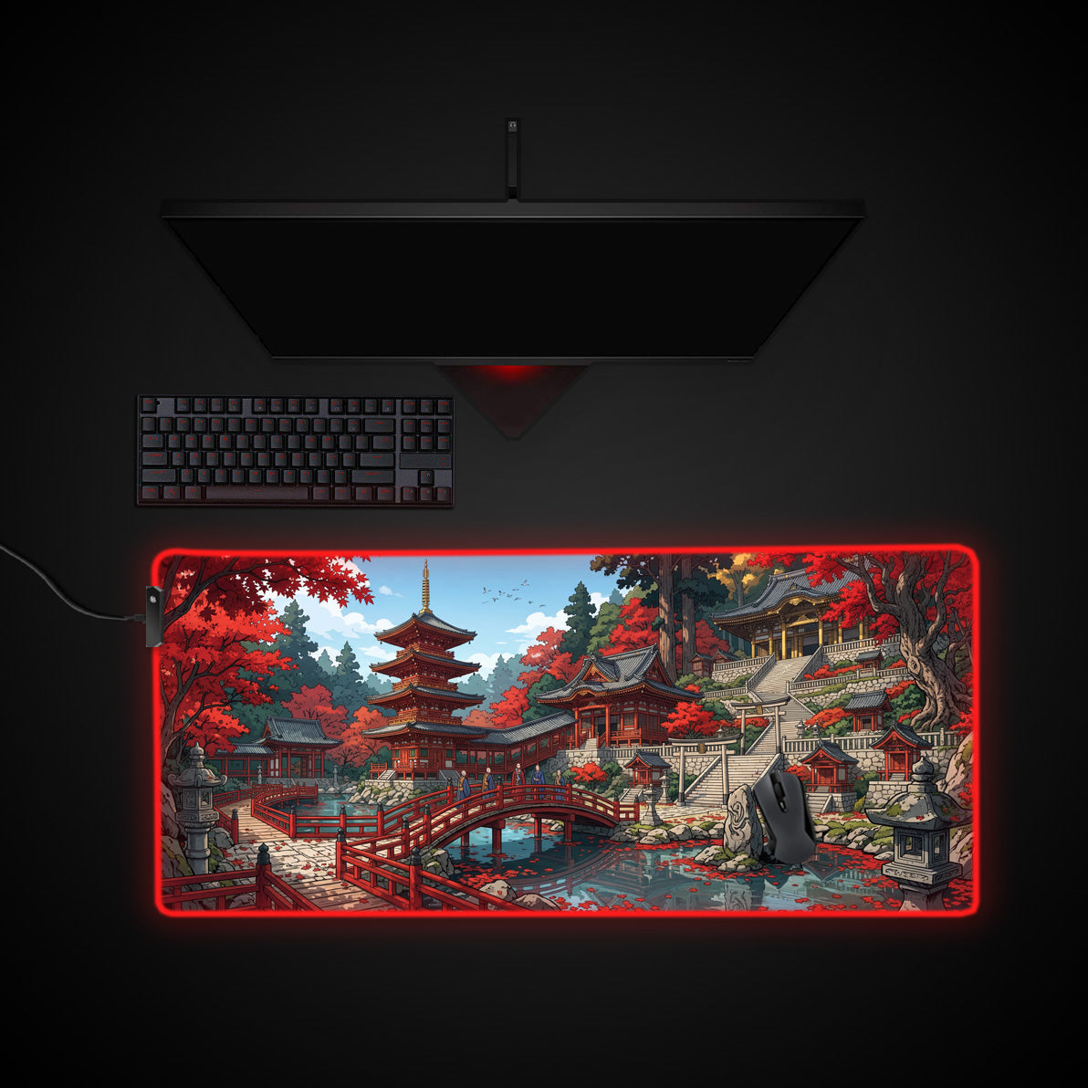 Crimson Pagoda desk mat with RGB edge lighting
