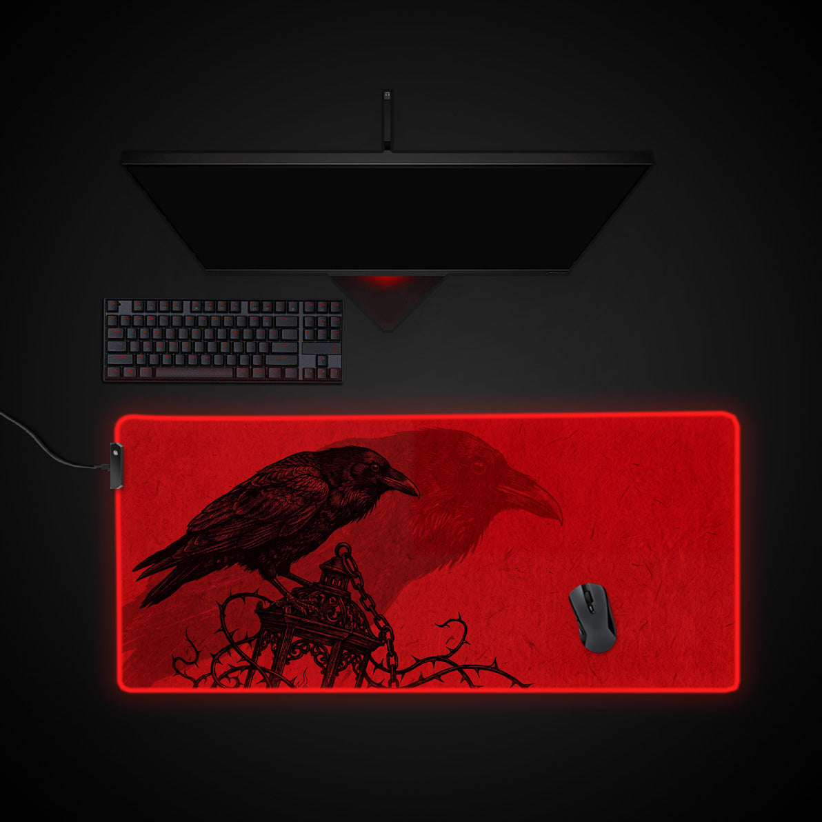 Crimson Raven desk mat with RGB edge lighting