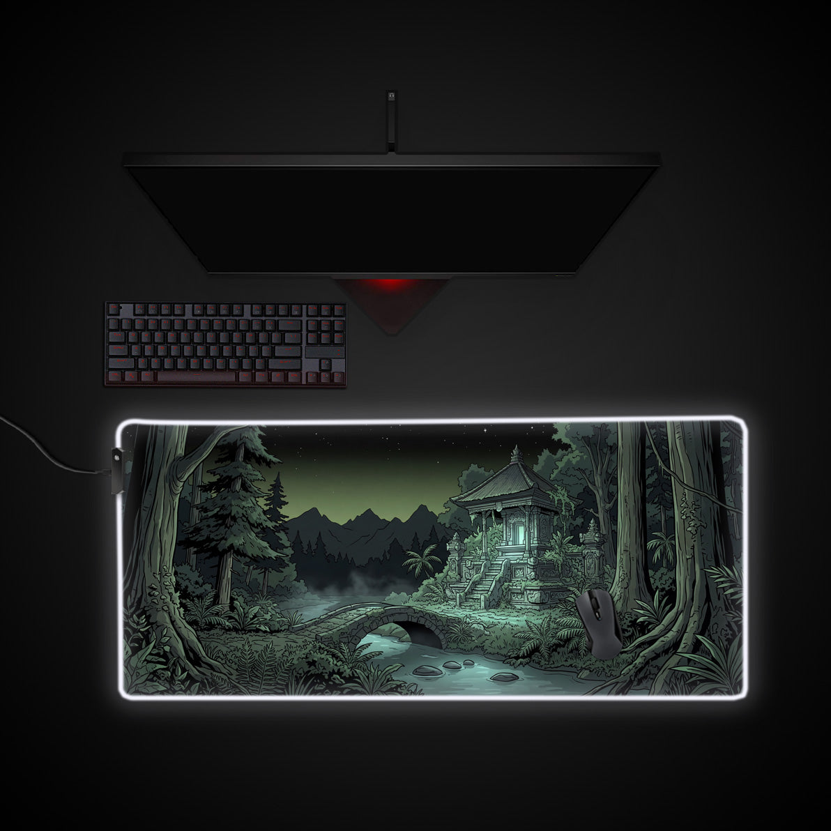Forgotten Temple desk mat with RGB edge lighting