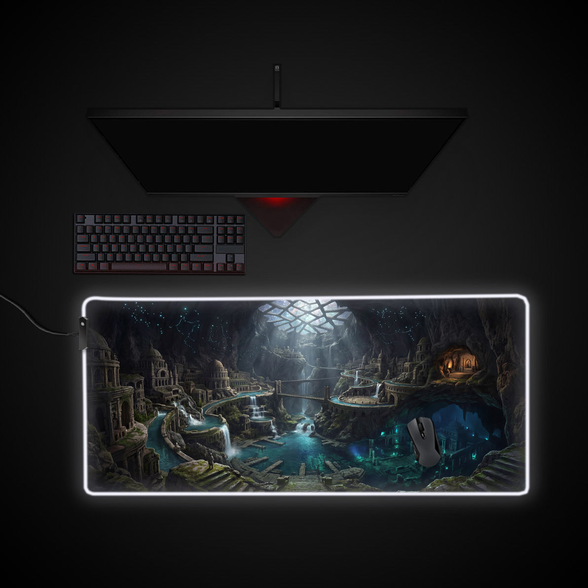 Lost Cavern City desk mat with RGB edge lighting