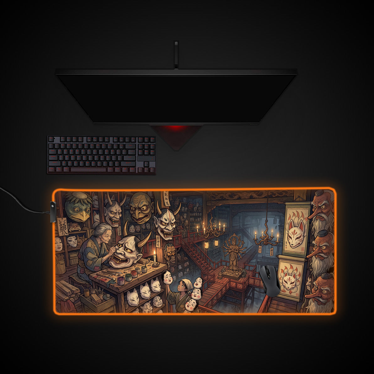 Yokai Mask Maker desk mat with RGB edge lighting