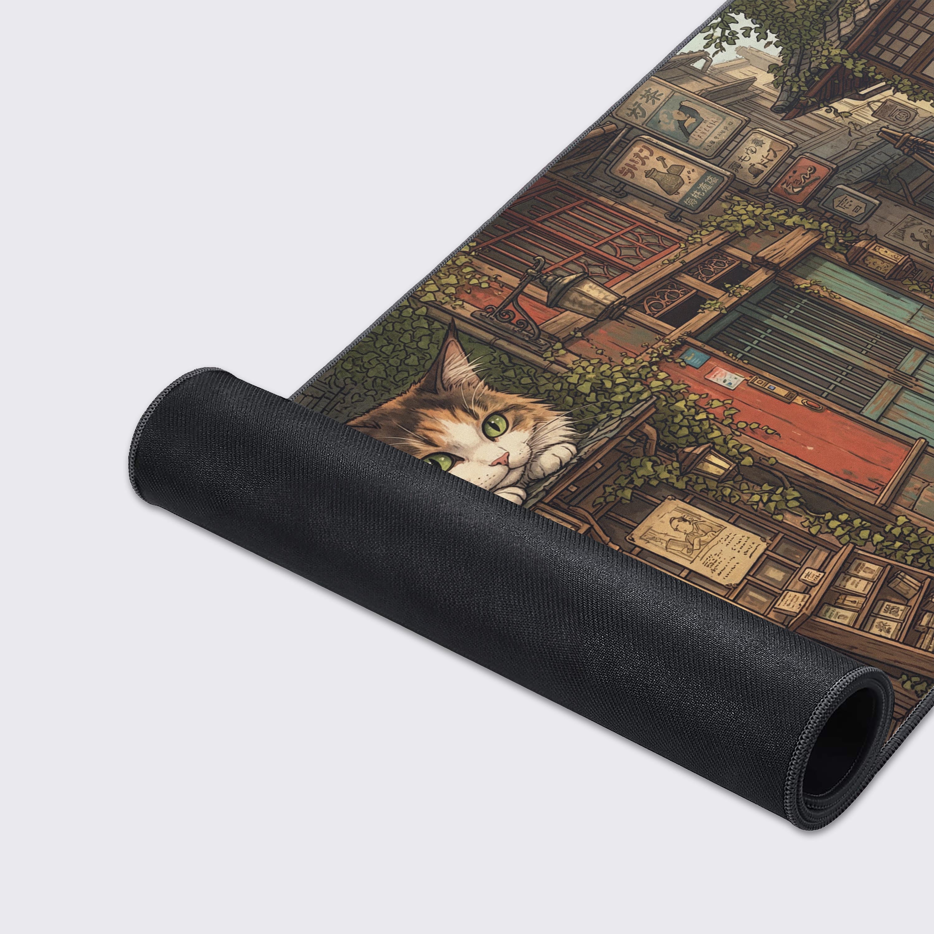 A close-up of the Guardian Cats Gaming Desk Mat highlighting the detailed anime art, smooth fabric texture, and durable anti-fray stitched edges. - Epic Design Pads & Mousepads