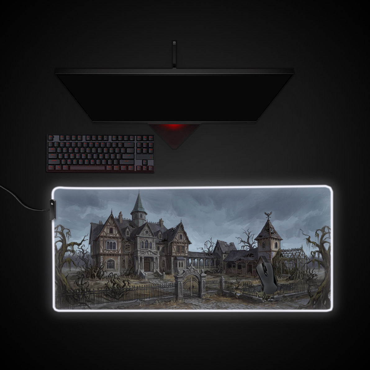 Haunted Grounds desk mat with RGB edge lighting