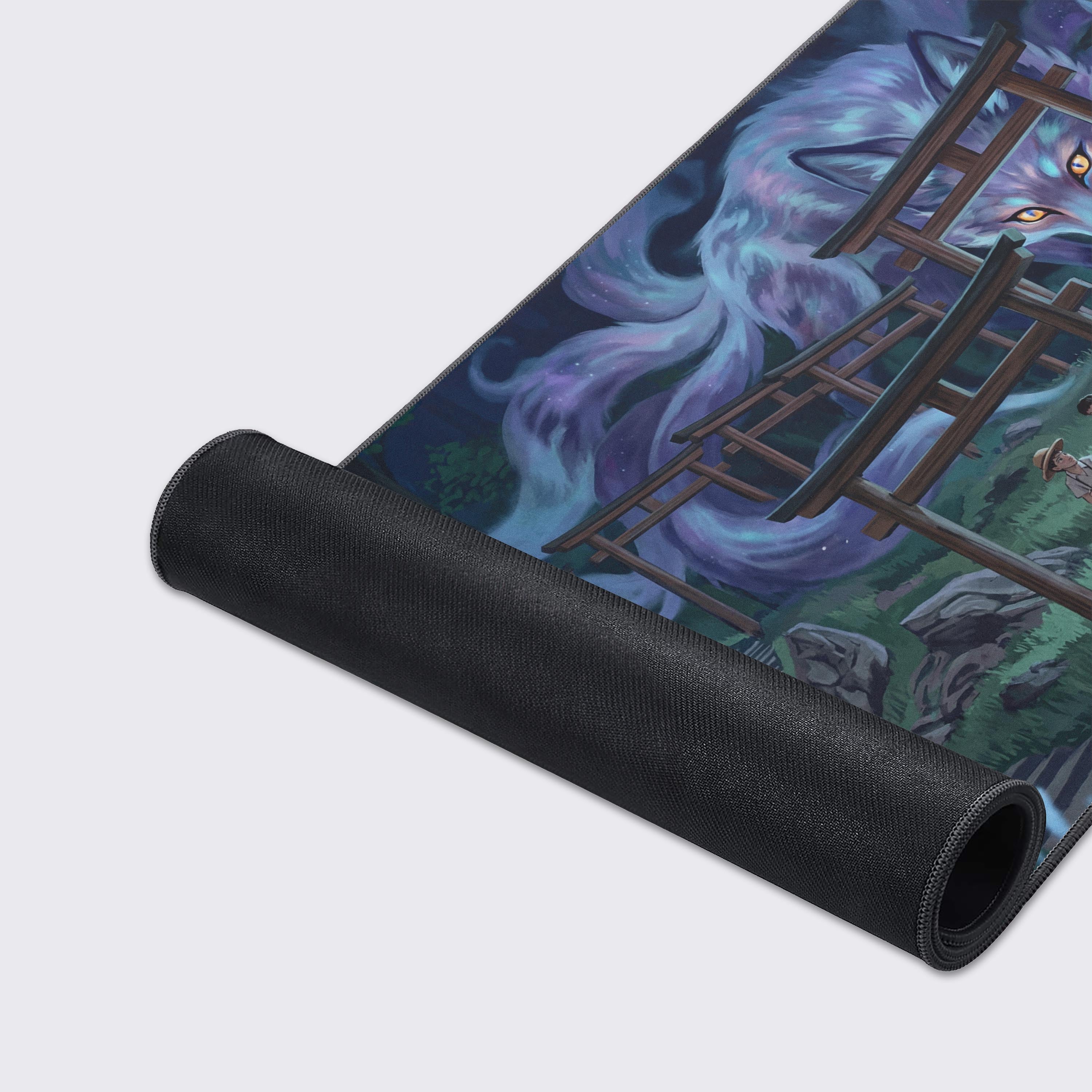 Close-up of the Spectral Guardian gaming desk mat, highlighting the high-quality fabric texture, durable stitched edges, and the detailed illustration of the mystical fox. - Epic Design Pads & Mousepads