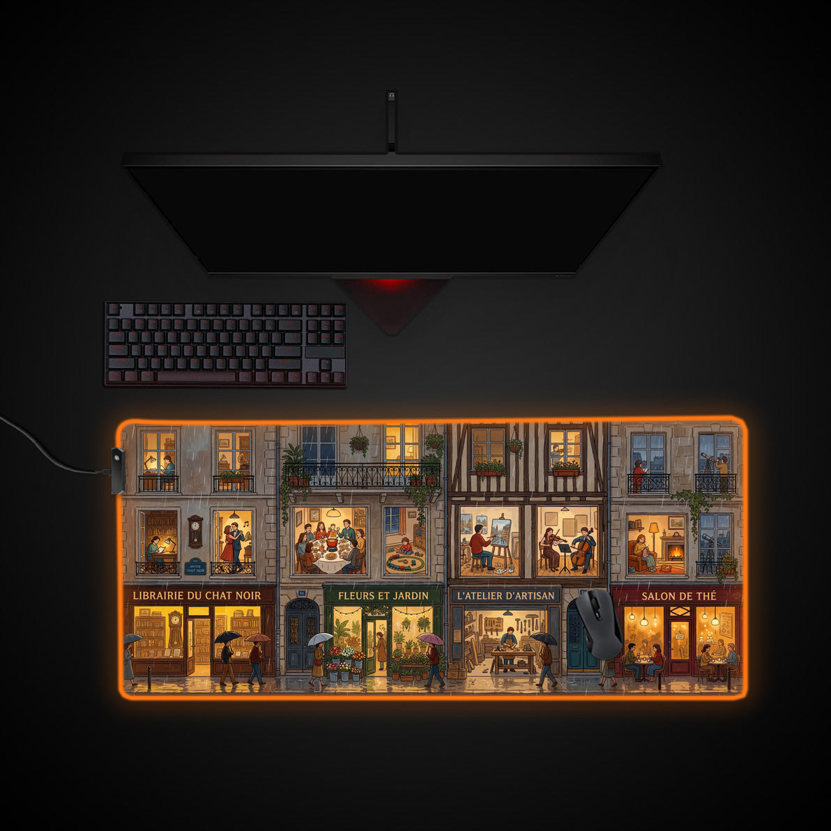 Rainy Street Facade desk mat with RGB edge lighting