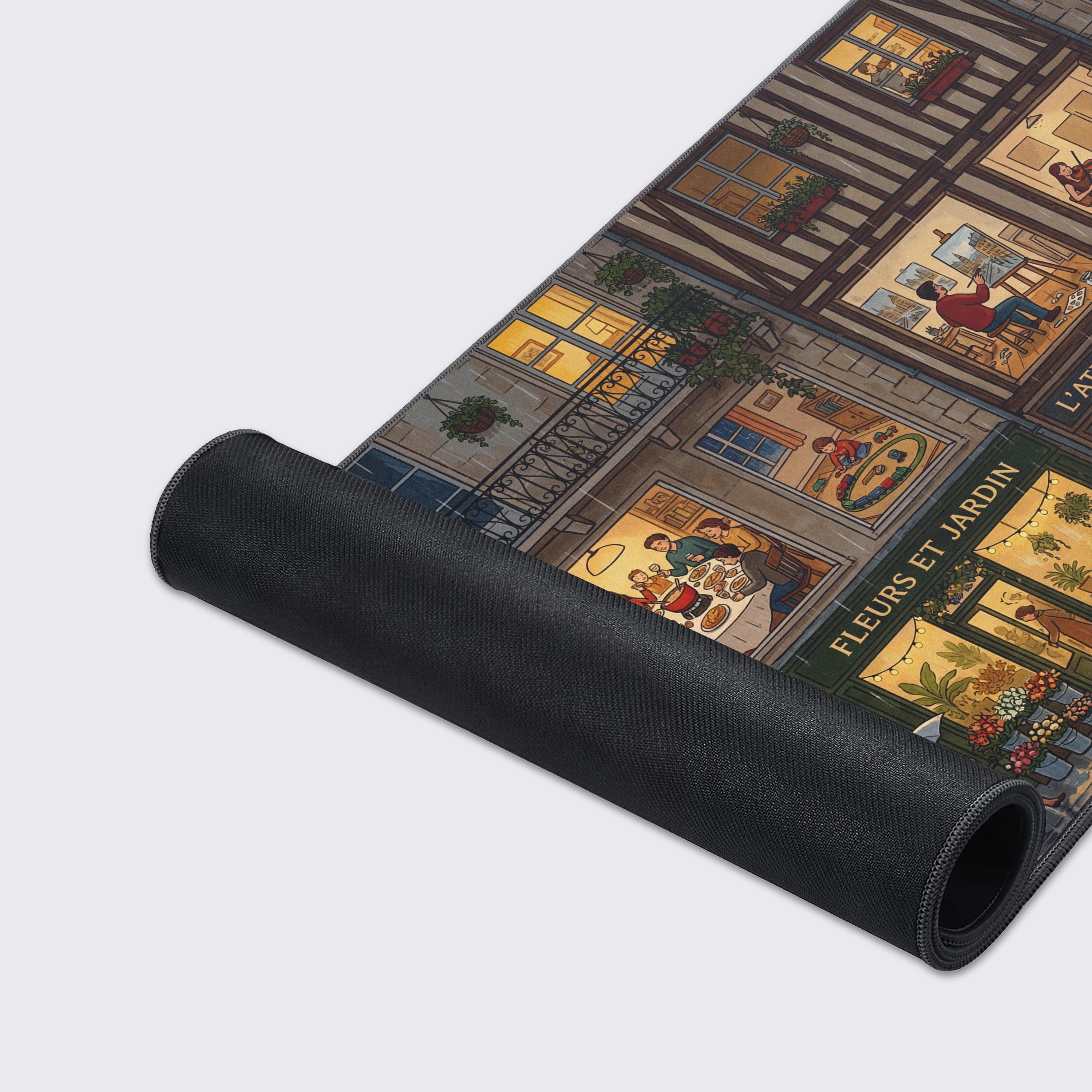Close-up of the Rainy Street Facade gaming desk mat, highlighting the durable stitched edges and smooth fabric texture of the detailed European street illustration. - Epic Design Pads & Mousepads