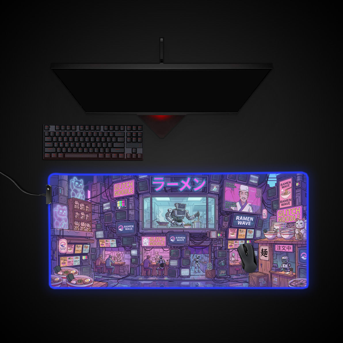 Glitch Noodle Bar desk mat with RGB edge lighting