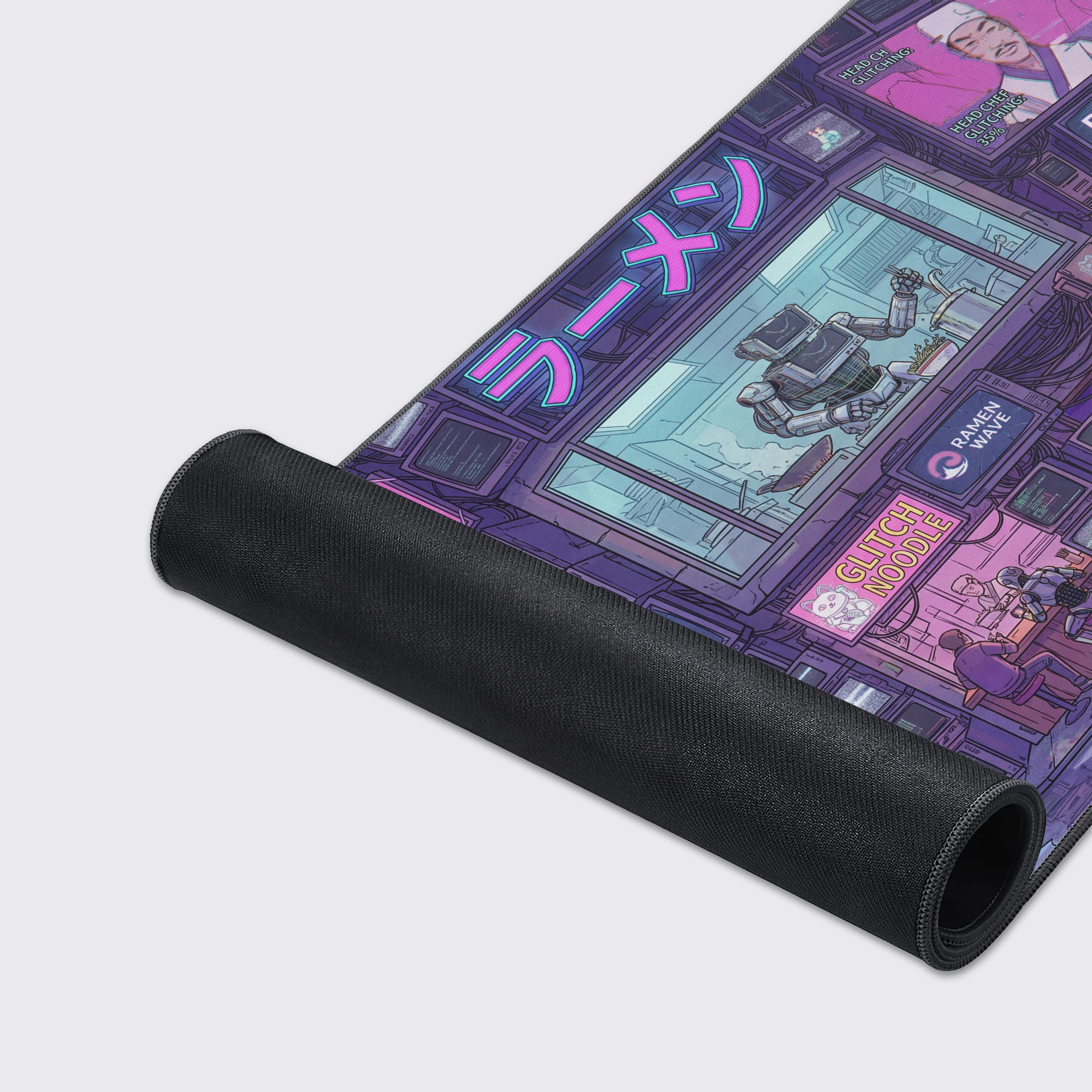 A close-up of the Glitch Noodle Bar mouse pad highlighting the premium fabric texture and durable stitched edges, with the vibrant retro-futuristic robot artwork in sharp detail. - Epic Design Pads & Mousepads