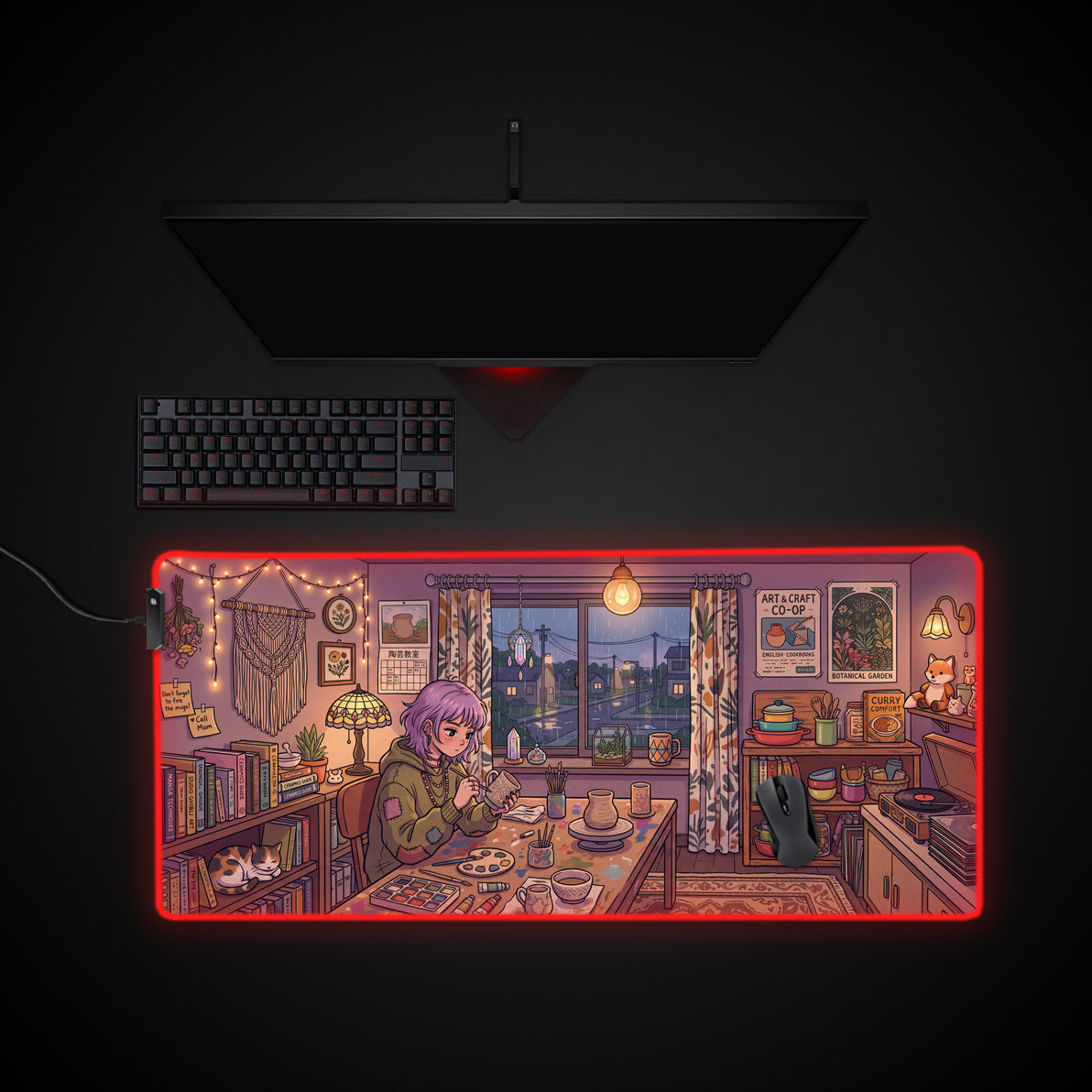 Cozy Craft Room desk mat with RGB edge lighting
