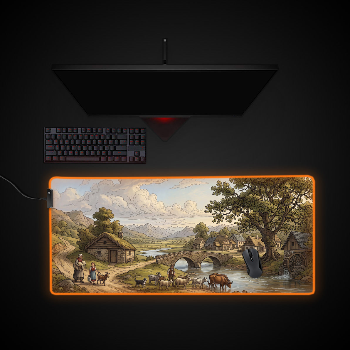 Rustic Watermill desk mat with RGB edge lighting