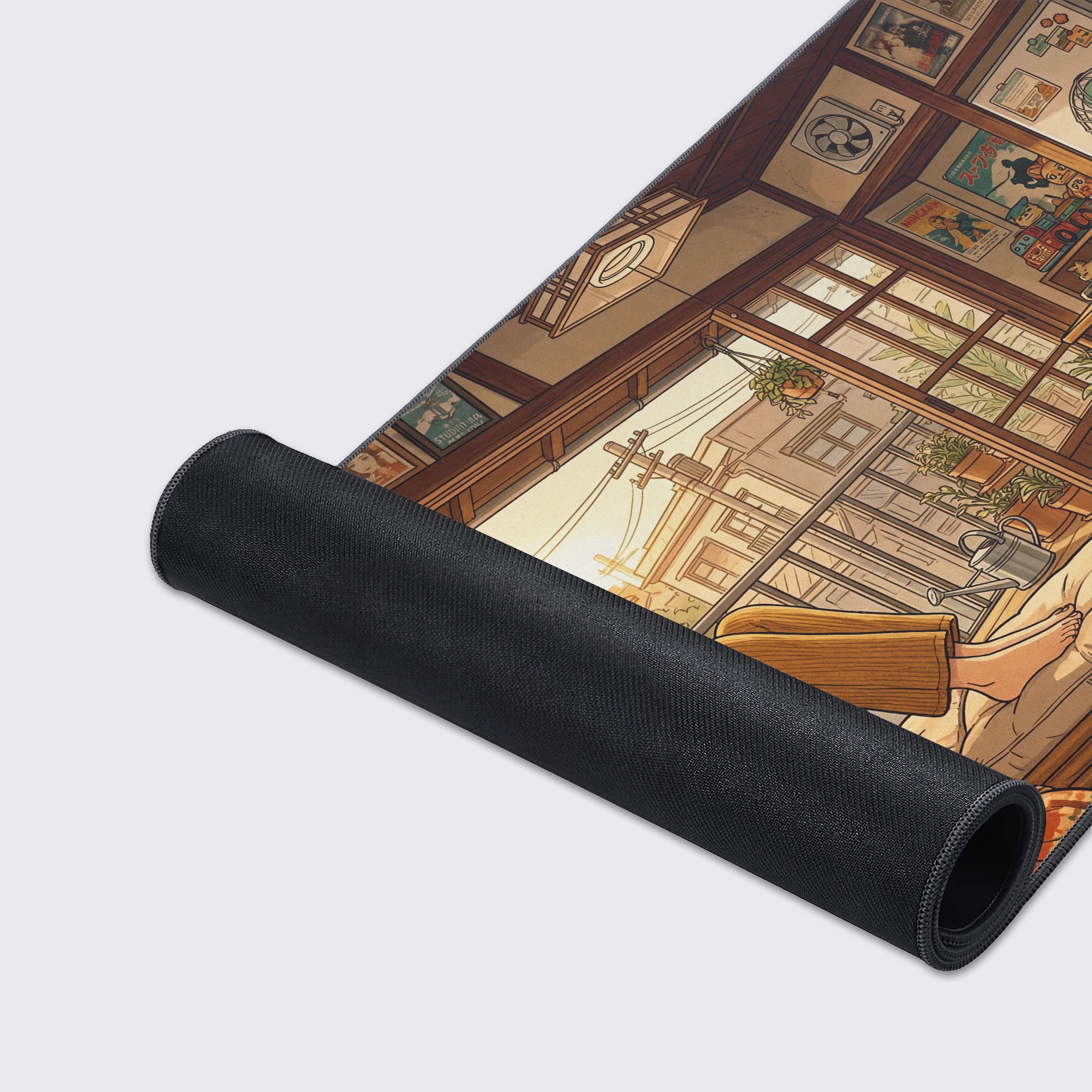 A close-up of the Sunlit Nostalgia gaming desk mat showing the detailed, high-quality print of the lofi anime design and the durable, anti-fray stitched edges. - Epic Design Pads & Mousepads