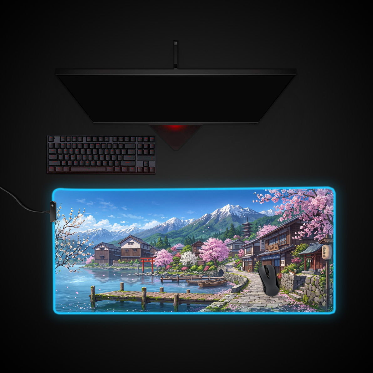 Sakura Shores desk mat with RGB edge lighting