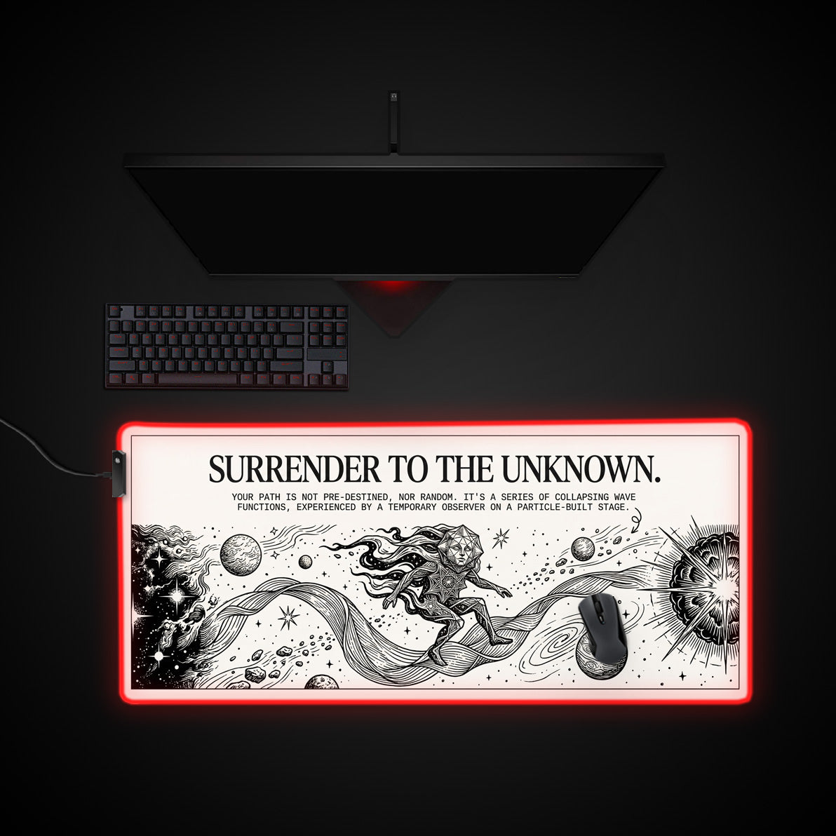 Quantum Surrender desk mat with RGB edge lighting