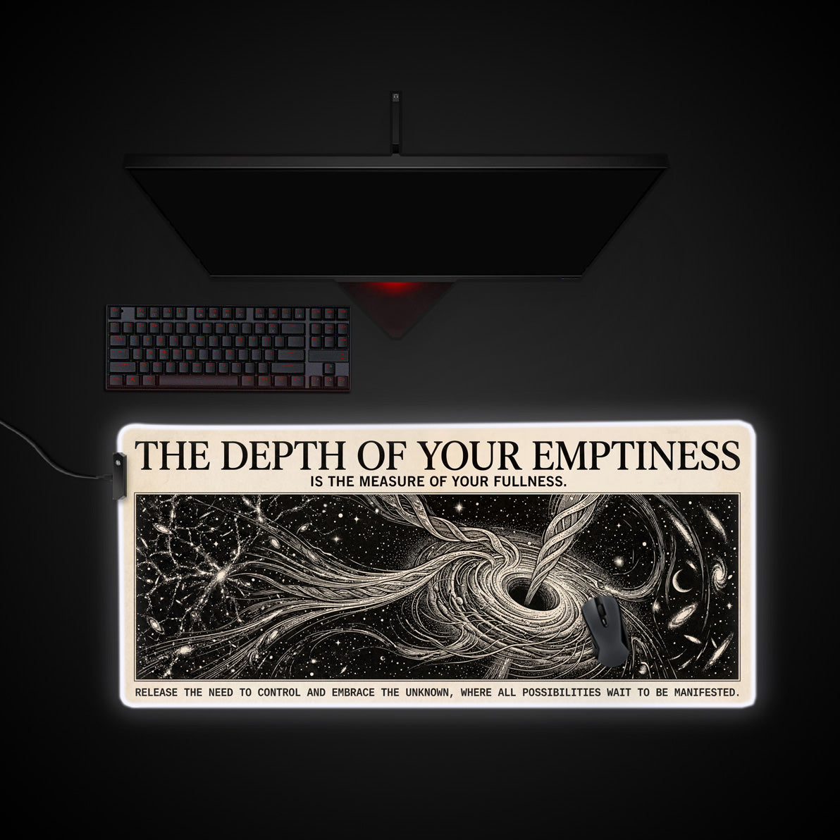 Cosmic Emptiness desk mat with RGB edge lighting