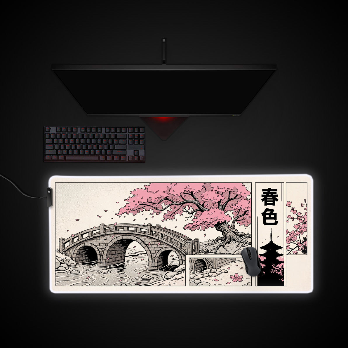 Sakura Comic Panels desk mat with RGB edge lighting
