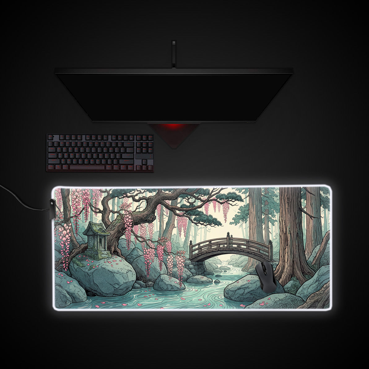 Wisteria Shrine desk mat with RGB edge lighting