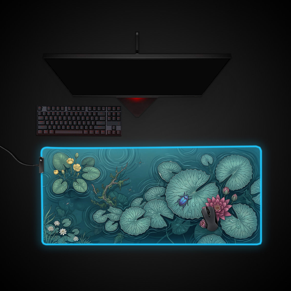 Sapphire Lily Pond desk mat with RGB edge lighting