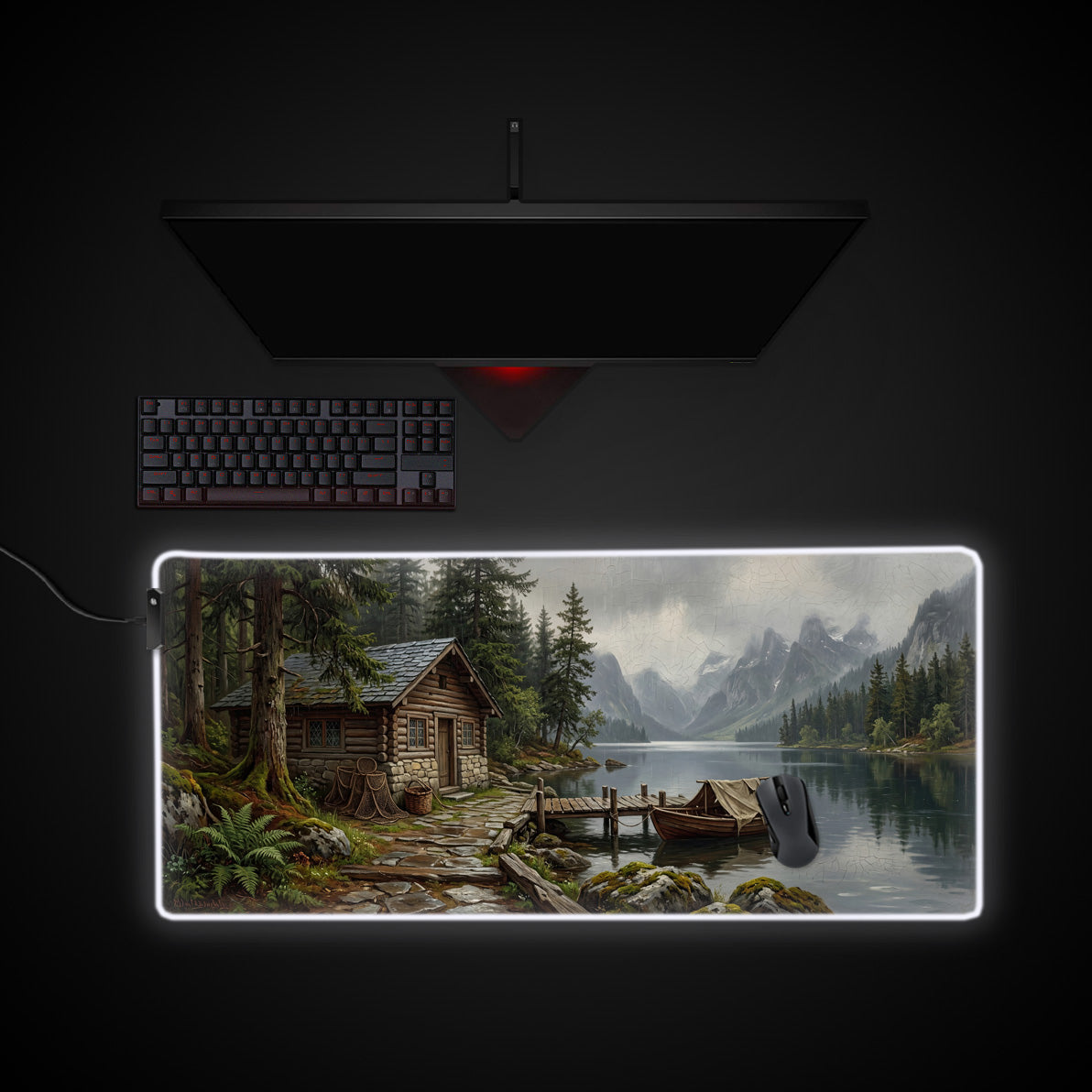 Rustic Lake Cabin desk mat with RGB edge lighting